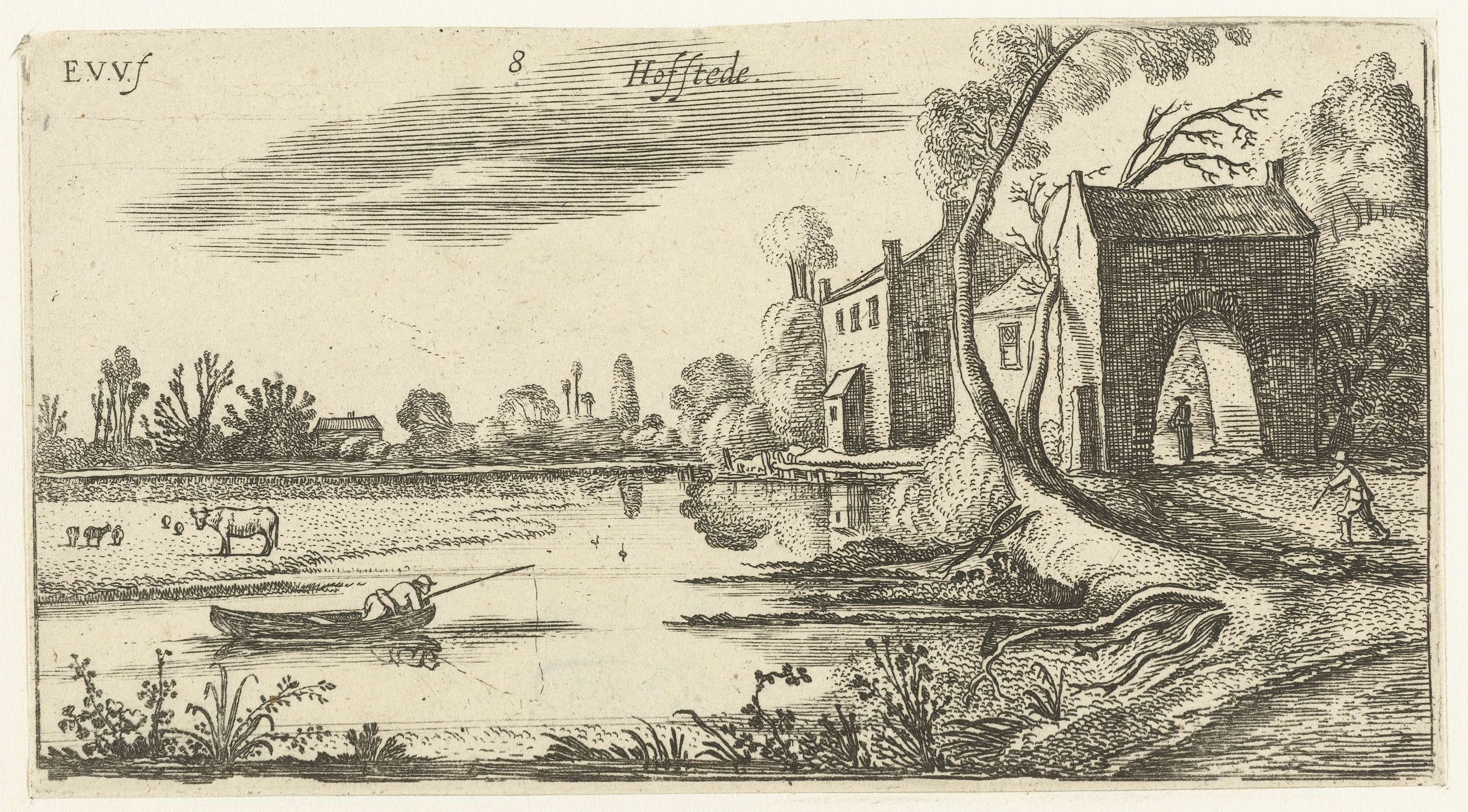 Landscape with a river and gatehouse, etching by Esaias van de Velde