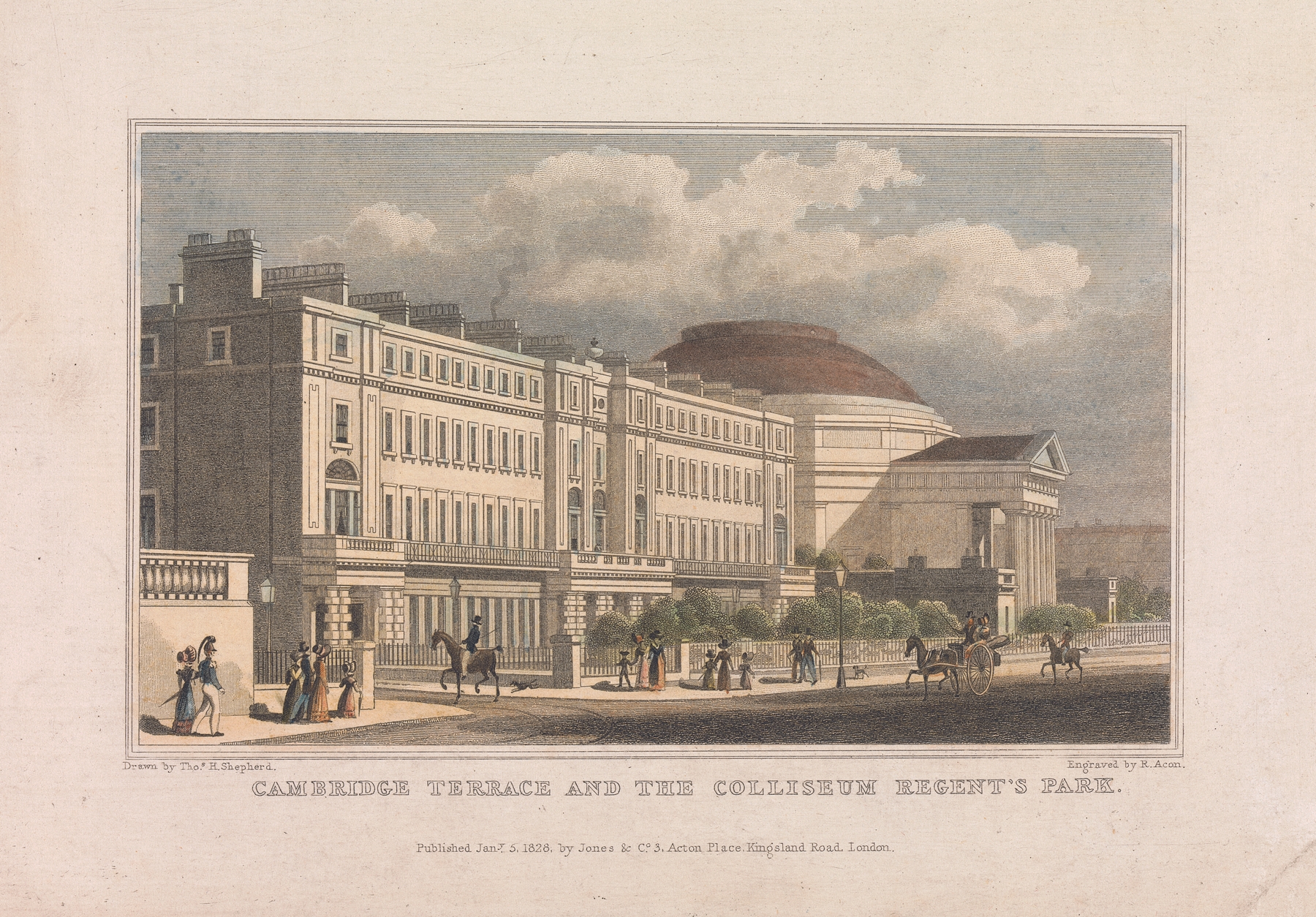Landscape of Cambridge Terrace and the Colliseum Regents Park, oil on canvas by Robert Acon