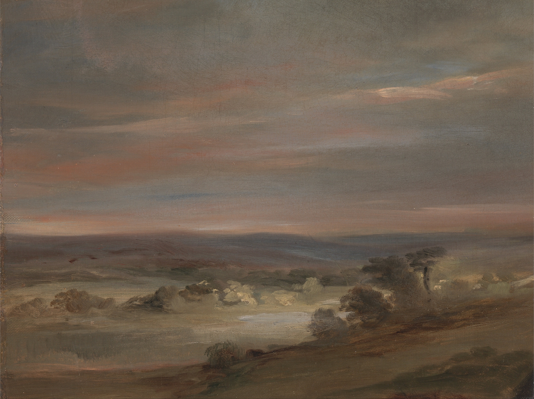 A View on Hampstead Heath, Early Morning by John Constable, oil on canvas depicting a tranquil dawn landscape.