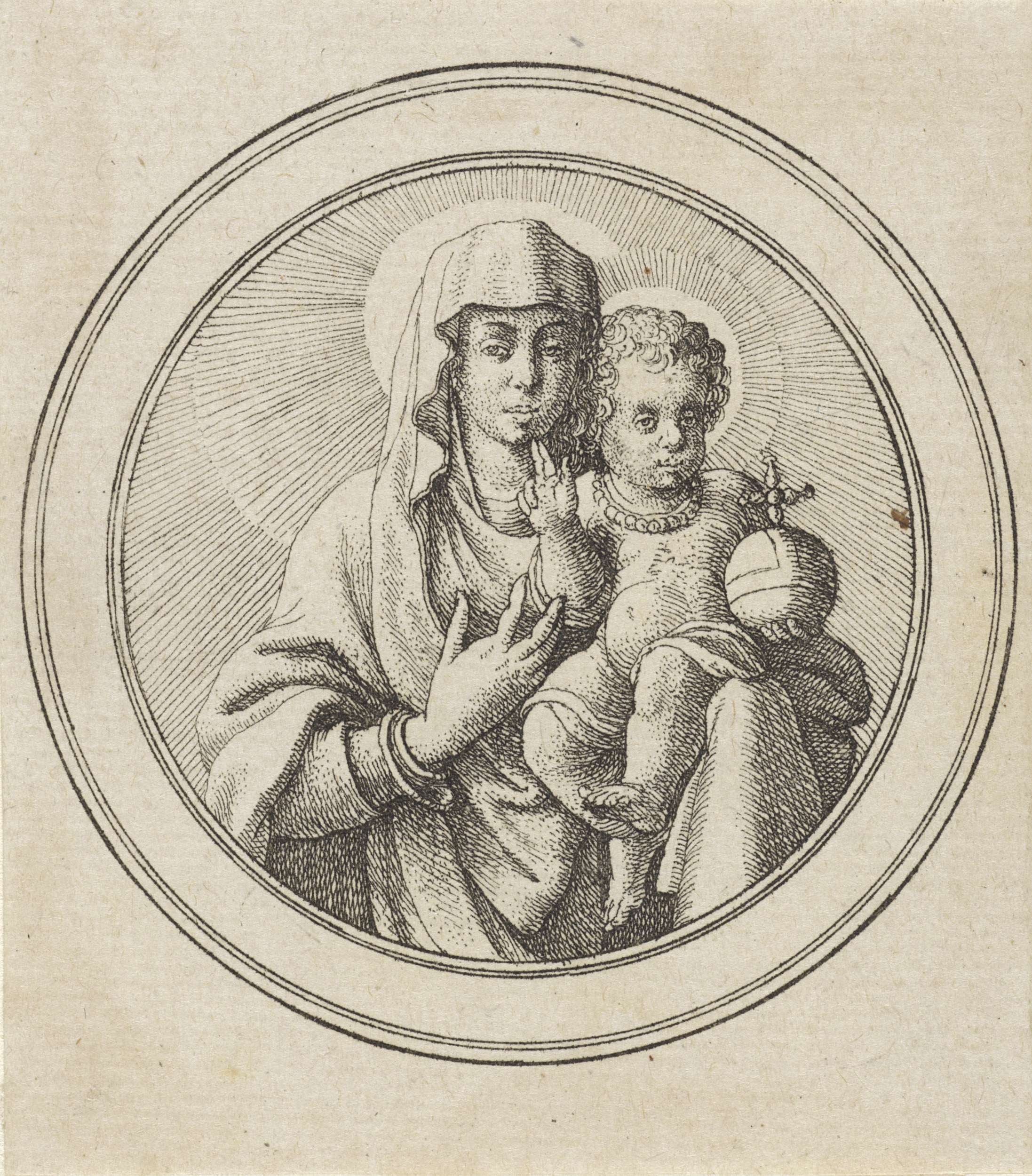 Etching by Wenceslaus Hollar depicting Mary with the Christ Child in a tender embrace.