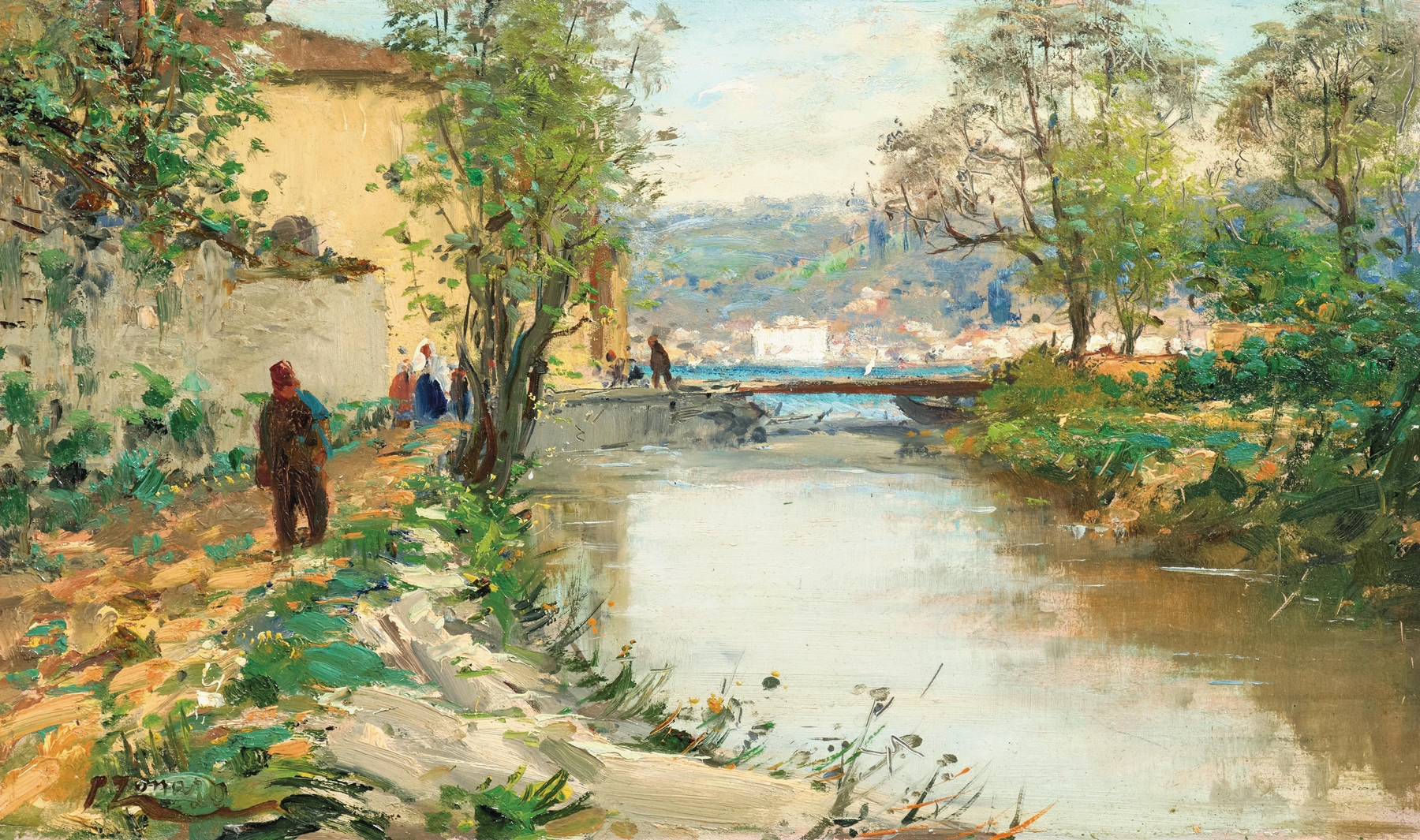 A View of Emirgan by Fausto Zonaro, oil on canvas, depicting a tranquil landscape with trees and distant hills.