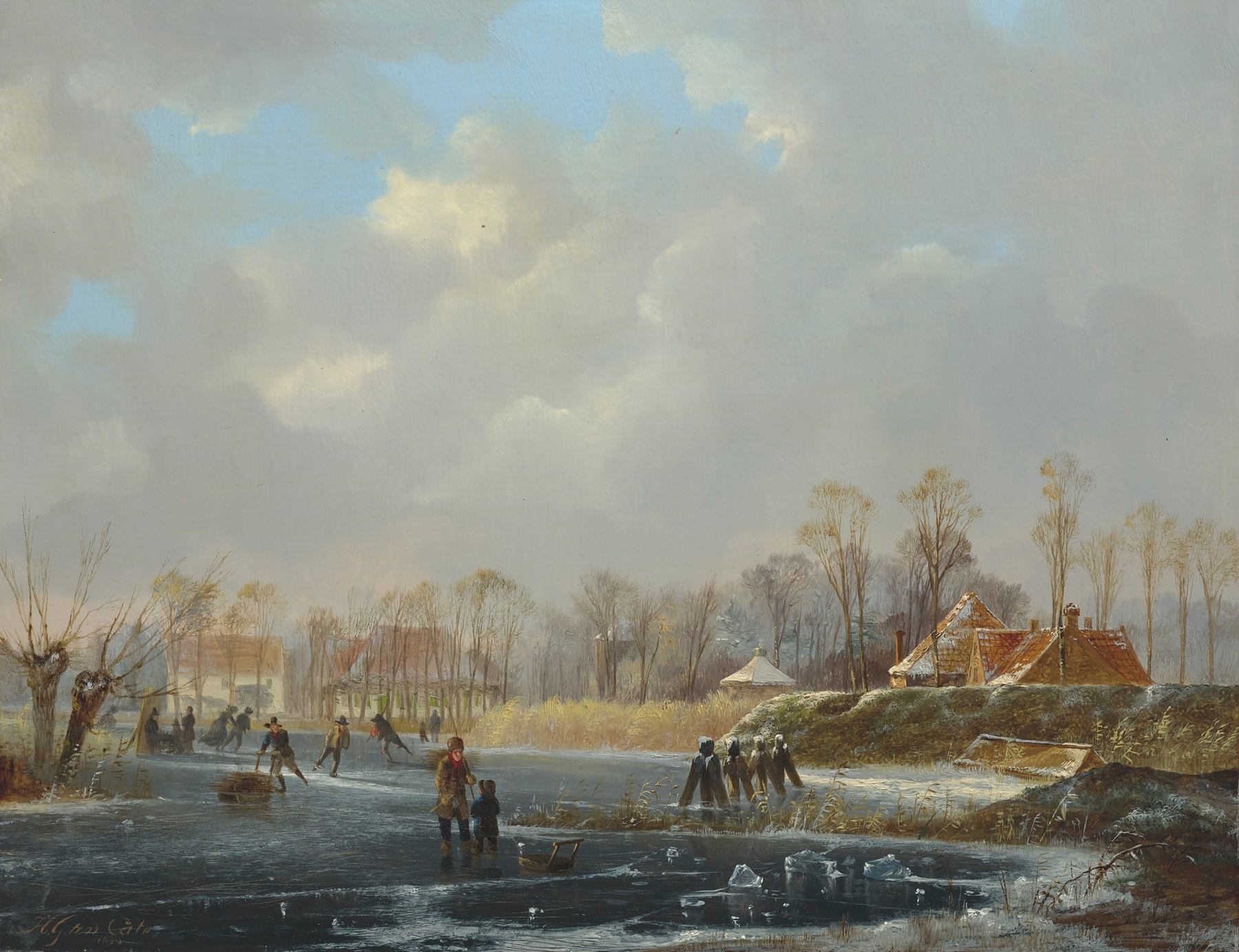 A landscape with figures on a frozen river, oil painting by Hendrik Gerrit ten Cate