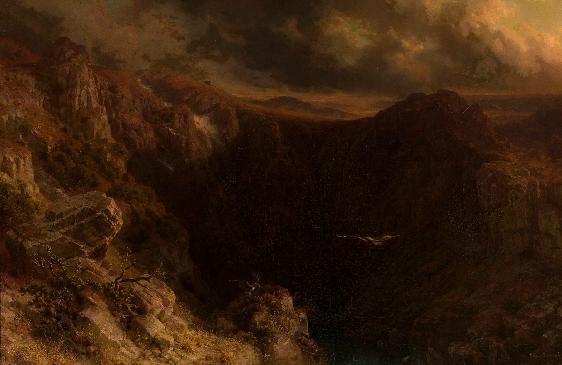 Evening landscape with mountains and warm light by August Behrendsen, oil painting
