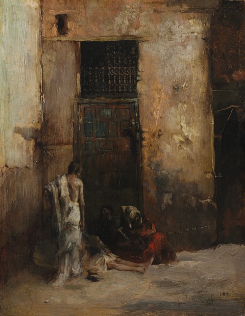 This painting features beggars gathered by a door, showcasing their expressions and surroundings.