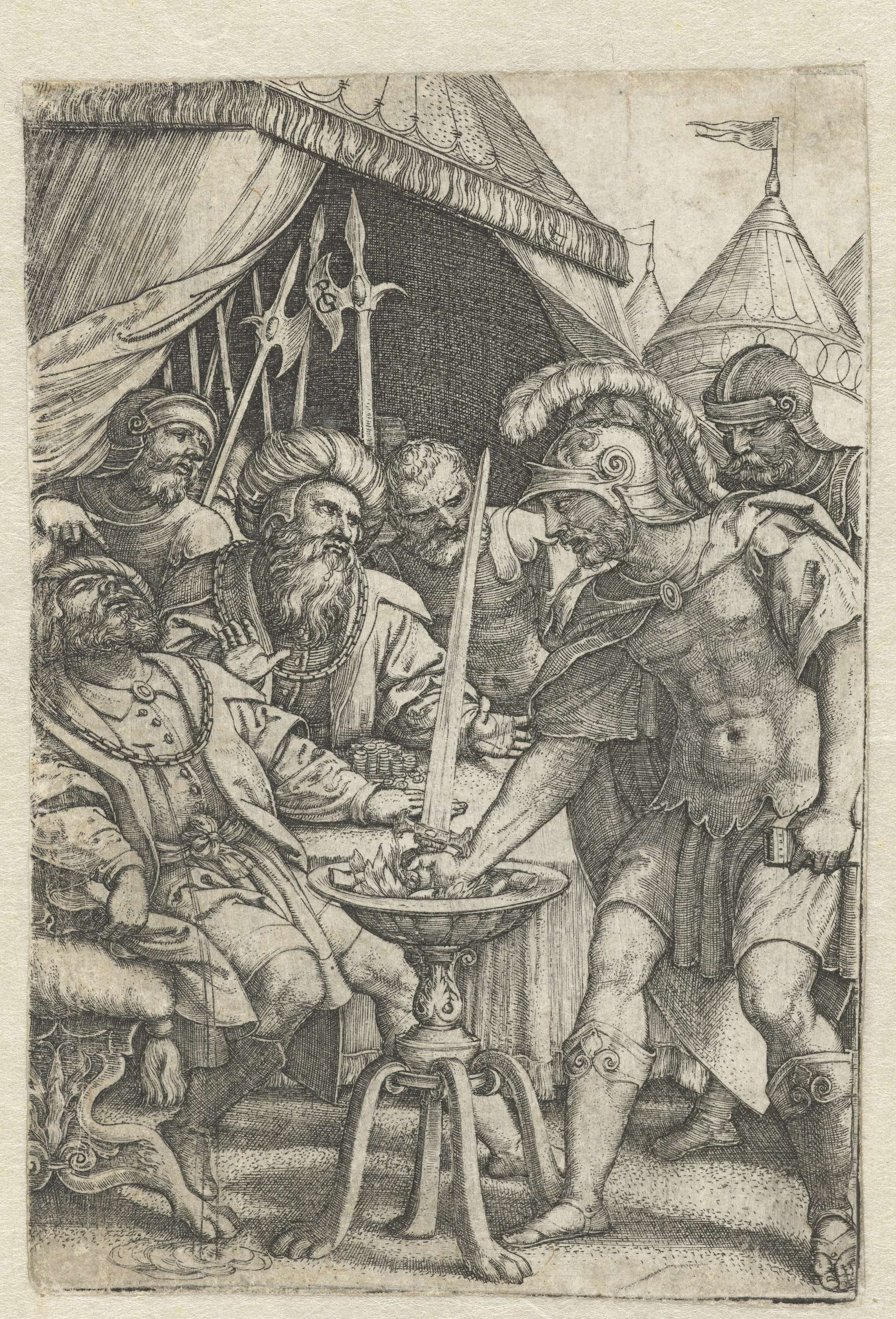 Mucius Scaevola steekt rechterhand in het vuur, by Georg Pencz, public domain