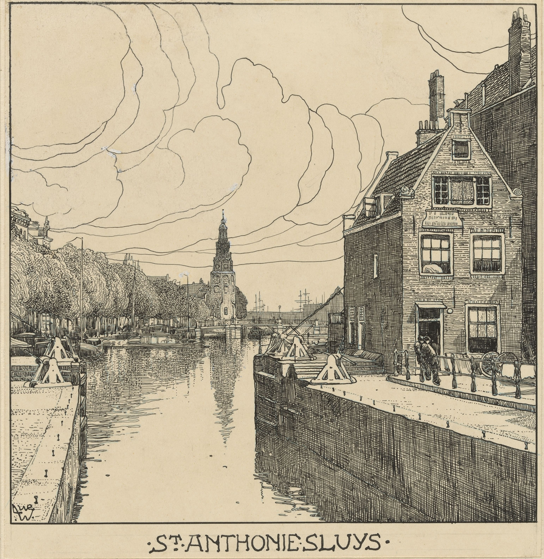 Landscape of Amsterdam riverbank, oil on canvas by Willem Wenckebach