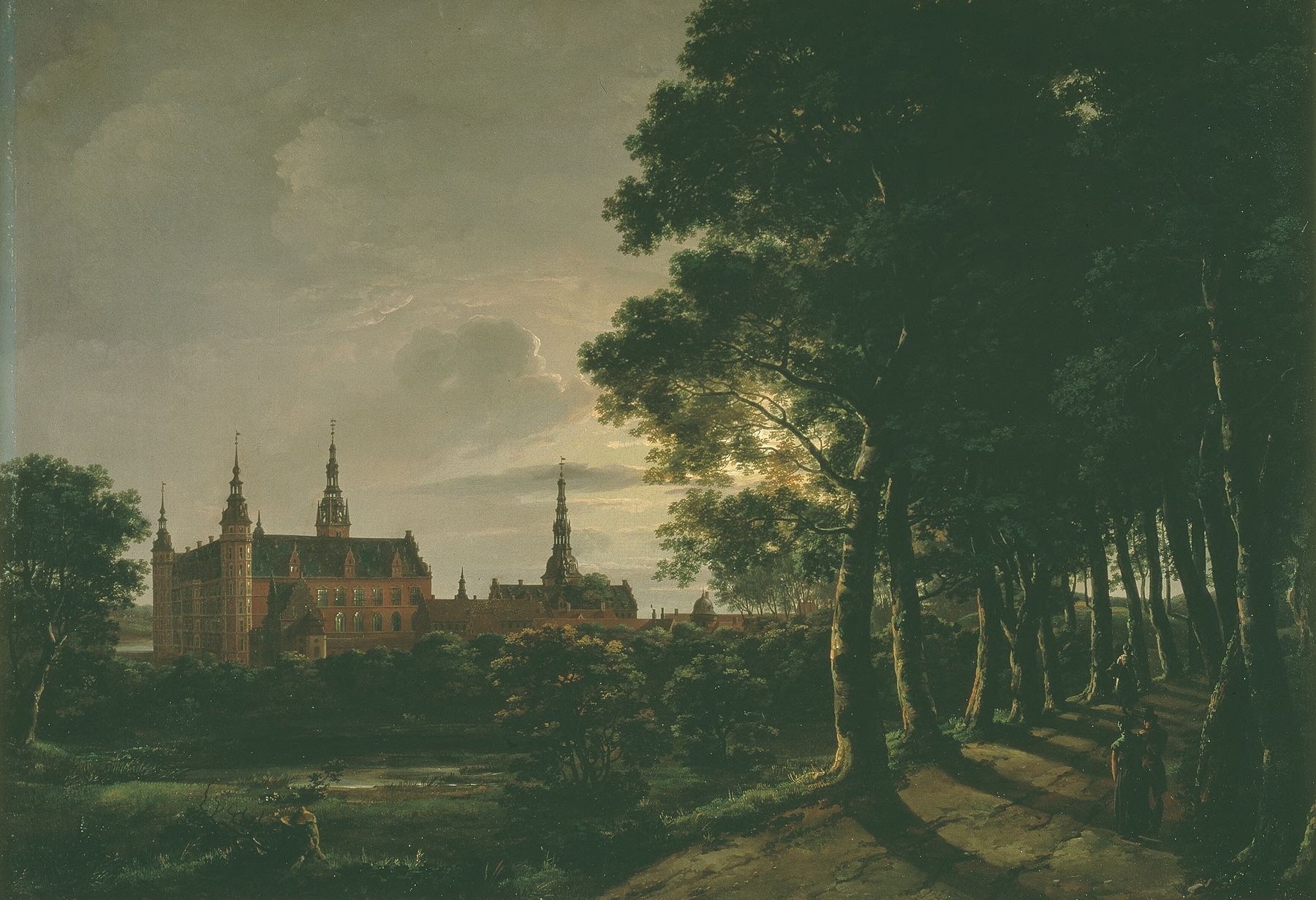 Frederiksborg Castle by Moonlight, by Johan Christian Dahl, public domain