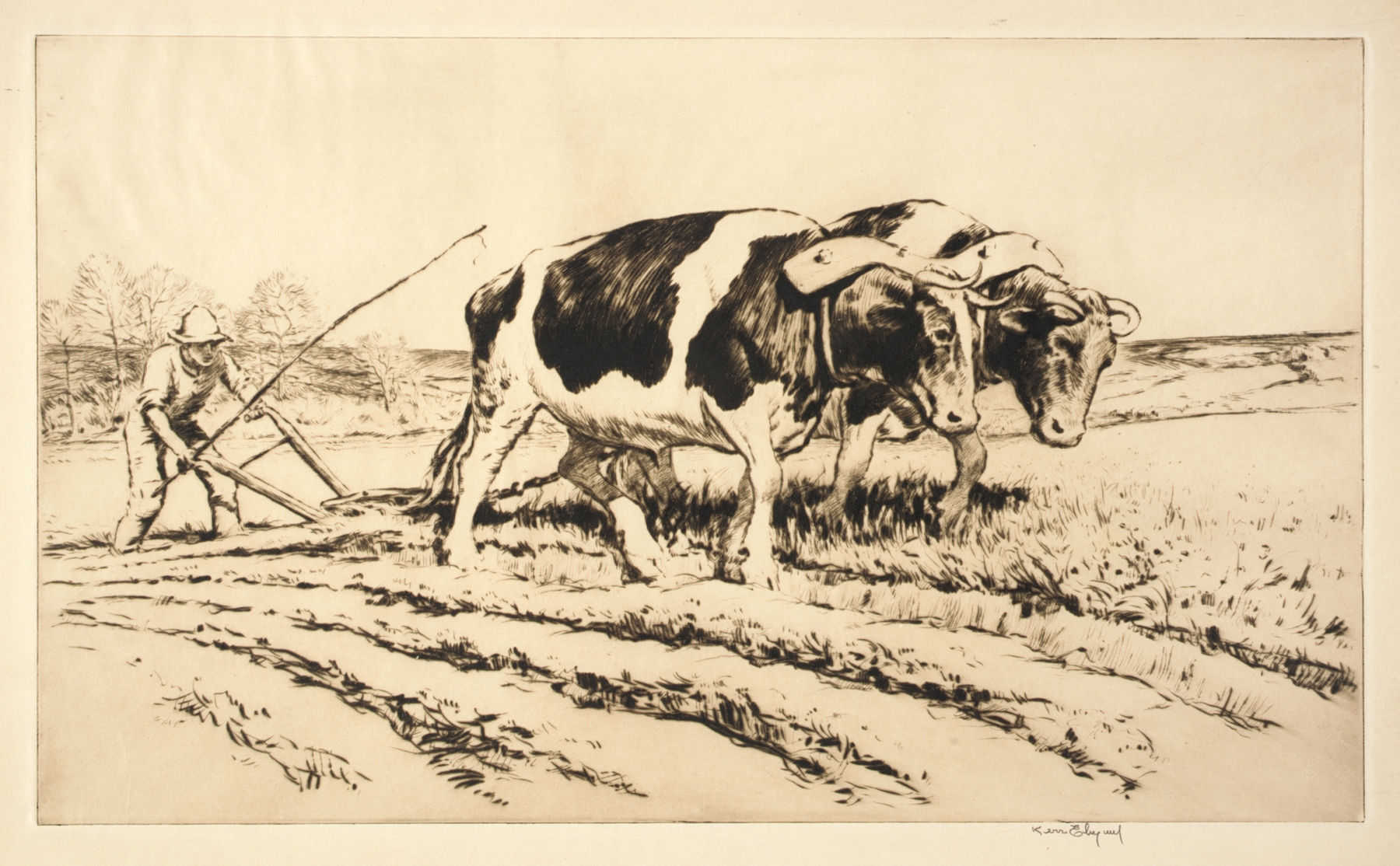 Spring Plowing by Kerr Eby, realism artwork depicting a plowed field and farm landscape