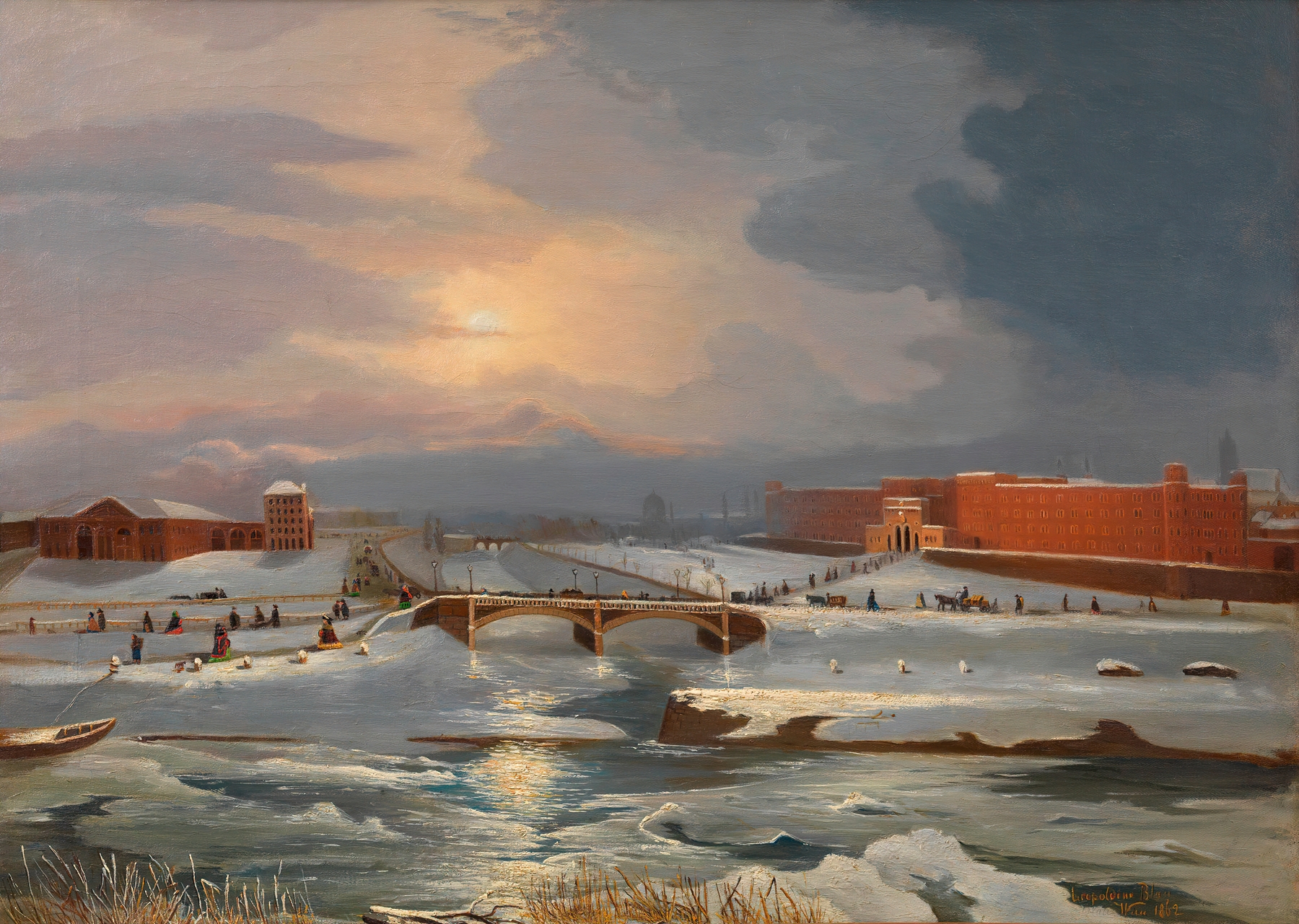 Die Franz Josephs-Kaserne mit Hauptzollamt und Radetzkybrücke im Winter, by Tina Blau, public domain