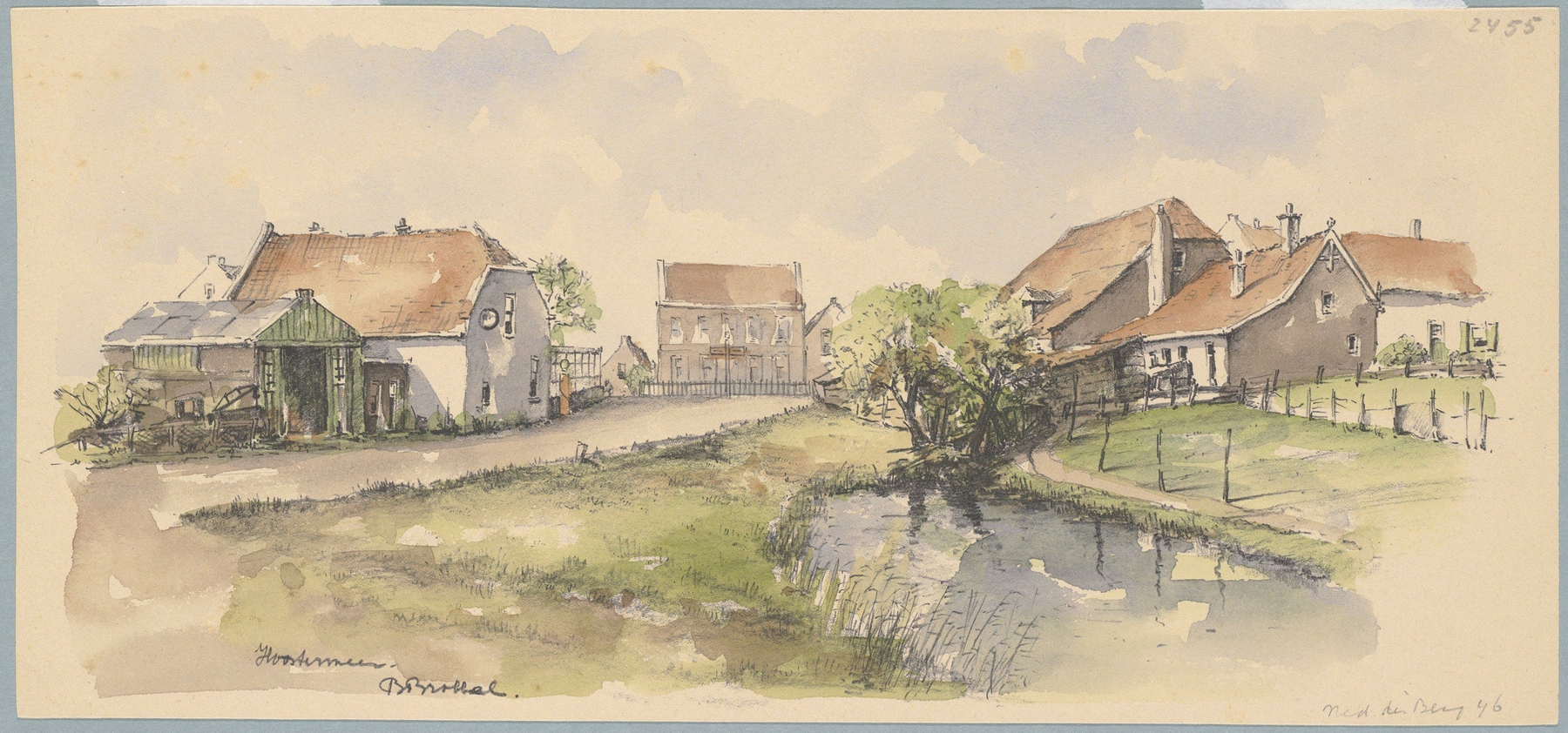 Landscape depicting houses and greenery by Bob Brobbel, Post-Impressionism