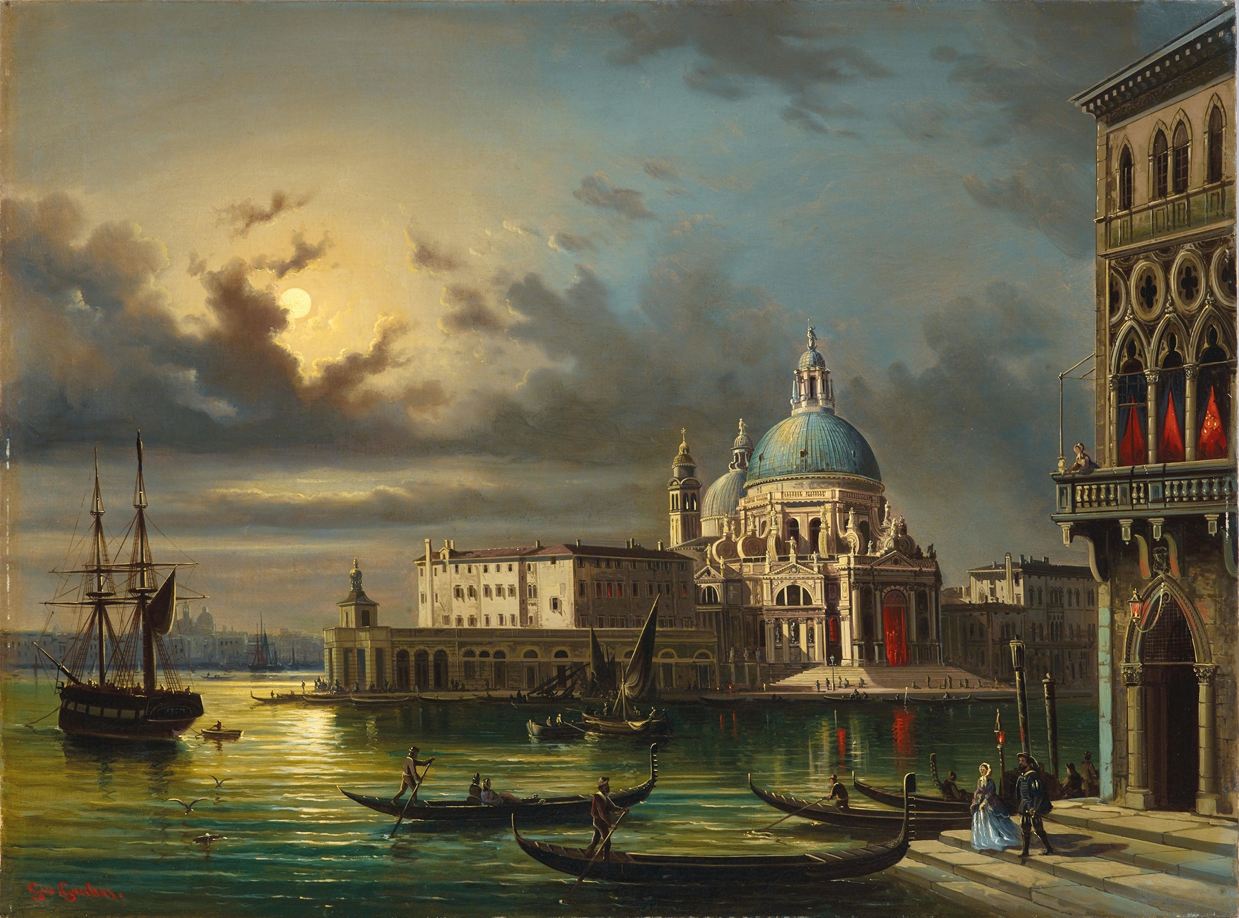 Landscape of The Punta della Dogana and Santa Maria della Salute, Venice in moonlight by Giovanni Grubacs, oil painting.