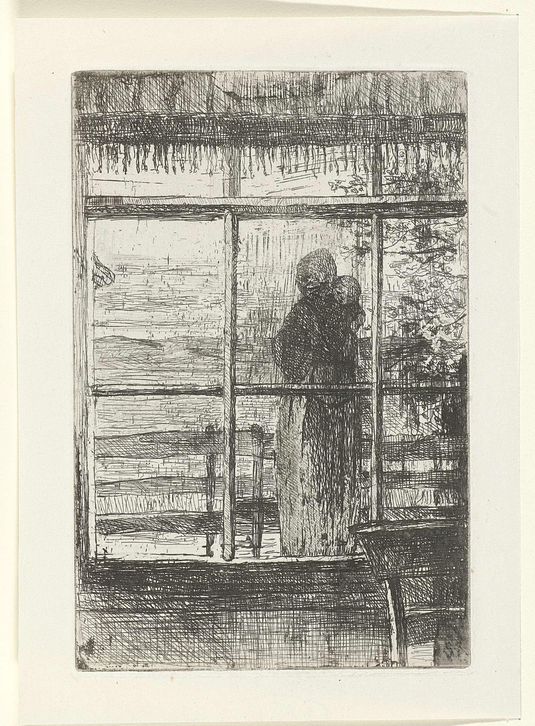 Wachtende vrouw met kind, etching by Jozef Israëls, depicting a mother and child in a serene interior.