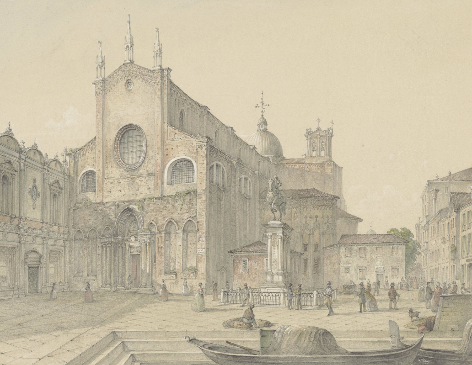 Venetië; S. Giovanni & Paolo by Karoly Lajos Libay, oil painting depicting a Venetian landscape with shimmering water.