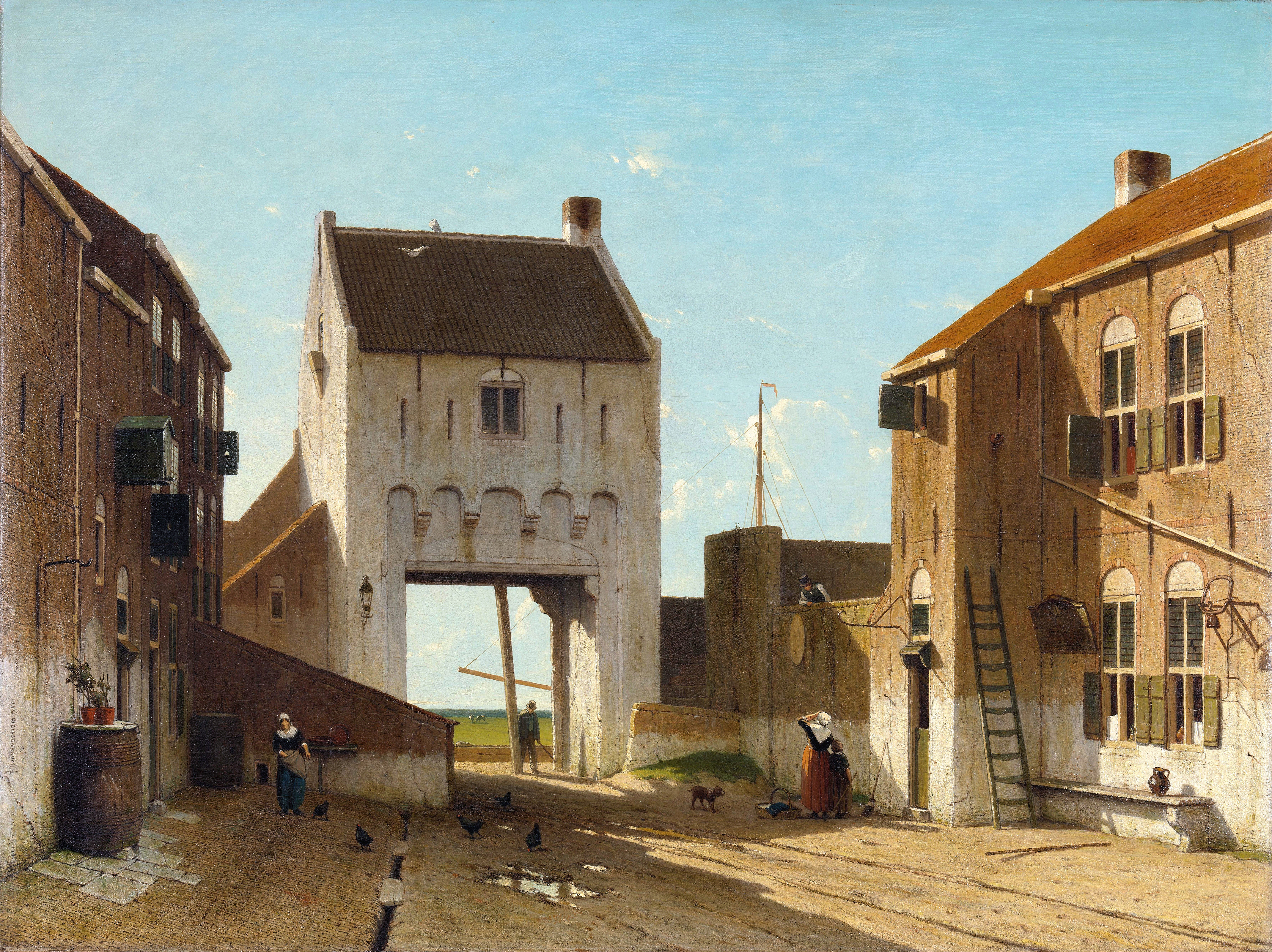 Oil painting by Jan Weissenbruch depicting a town gate in Leerdam at sunset.