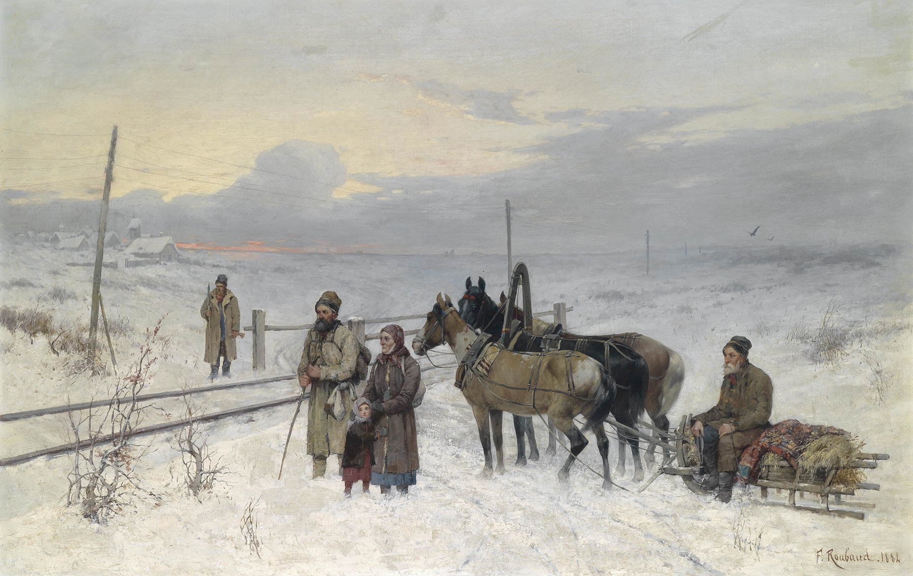 Warten auf den Zug by Franz Roubaud, oil on canvas depicting weary travelers at sunset.