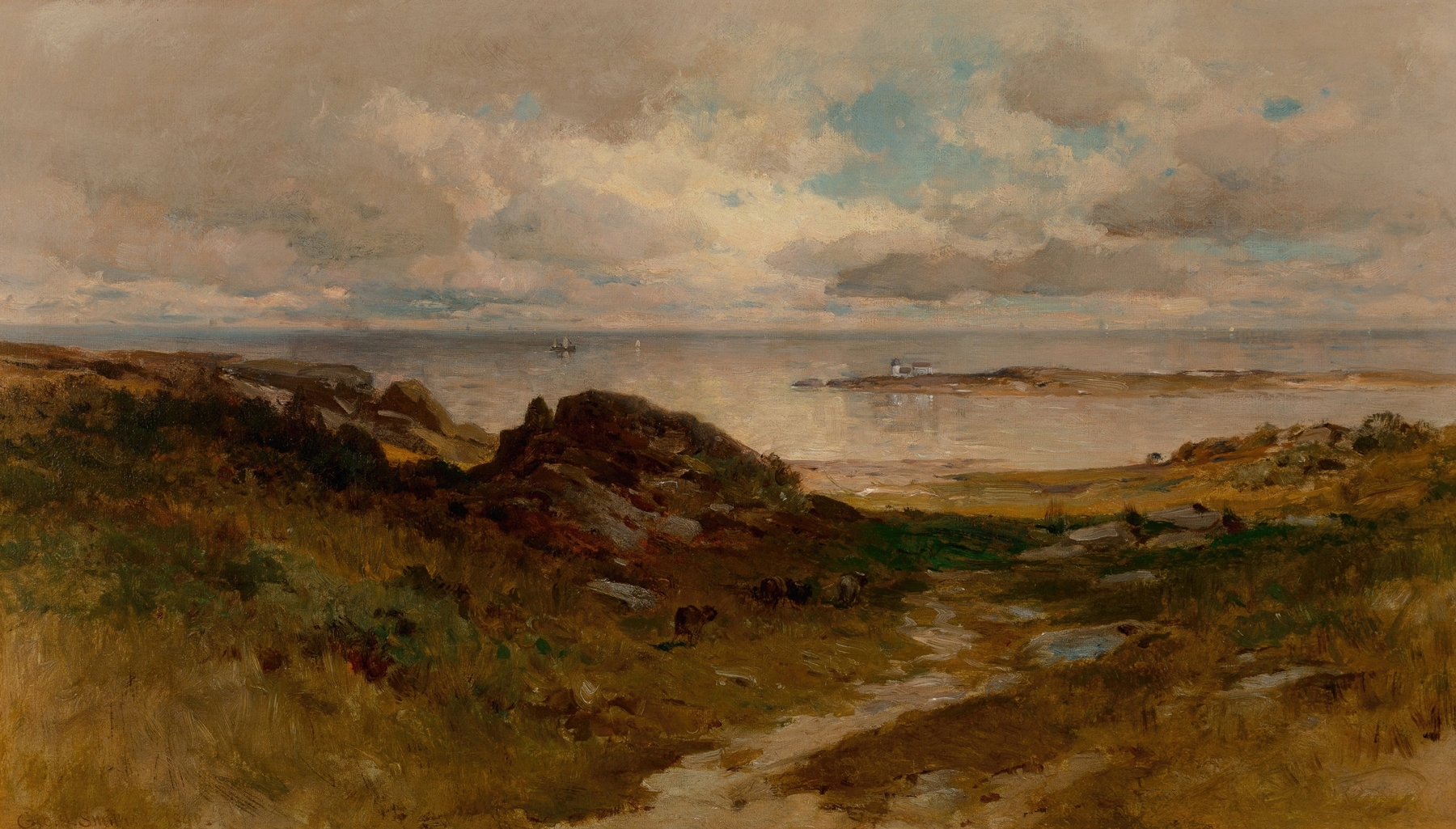 A Bit of Massachusetts Coast by George Henry Smillie, oil on canvas depicting a sunset over the ocean.
