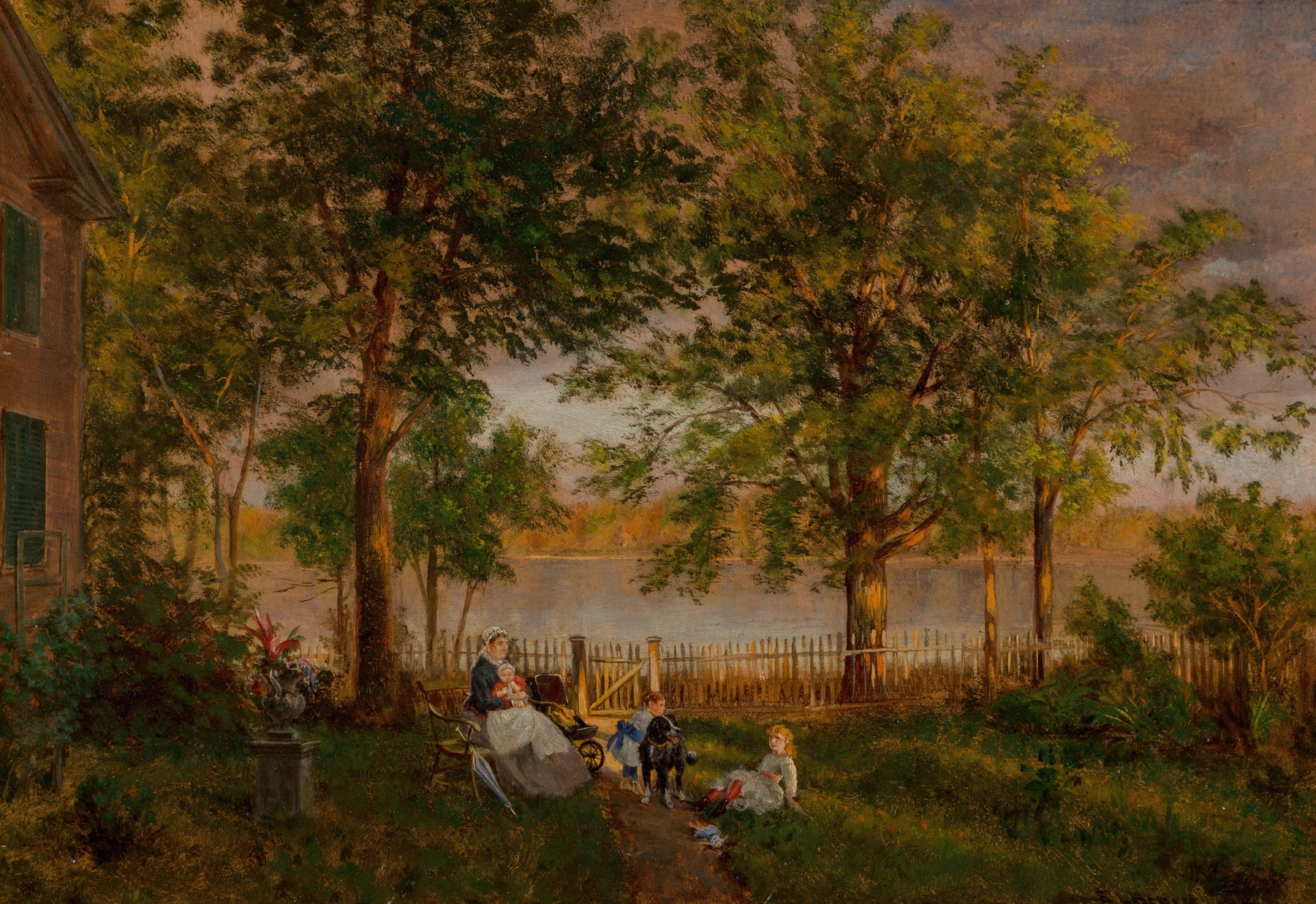 Homestead by Edward Lamson Henry, oil painting of a farmhouse and a weathered fence in nature.
