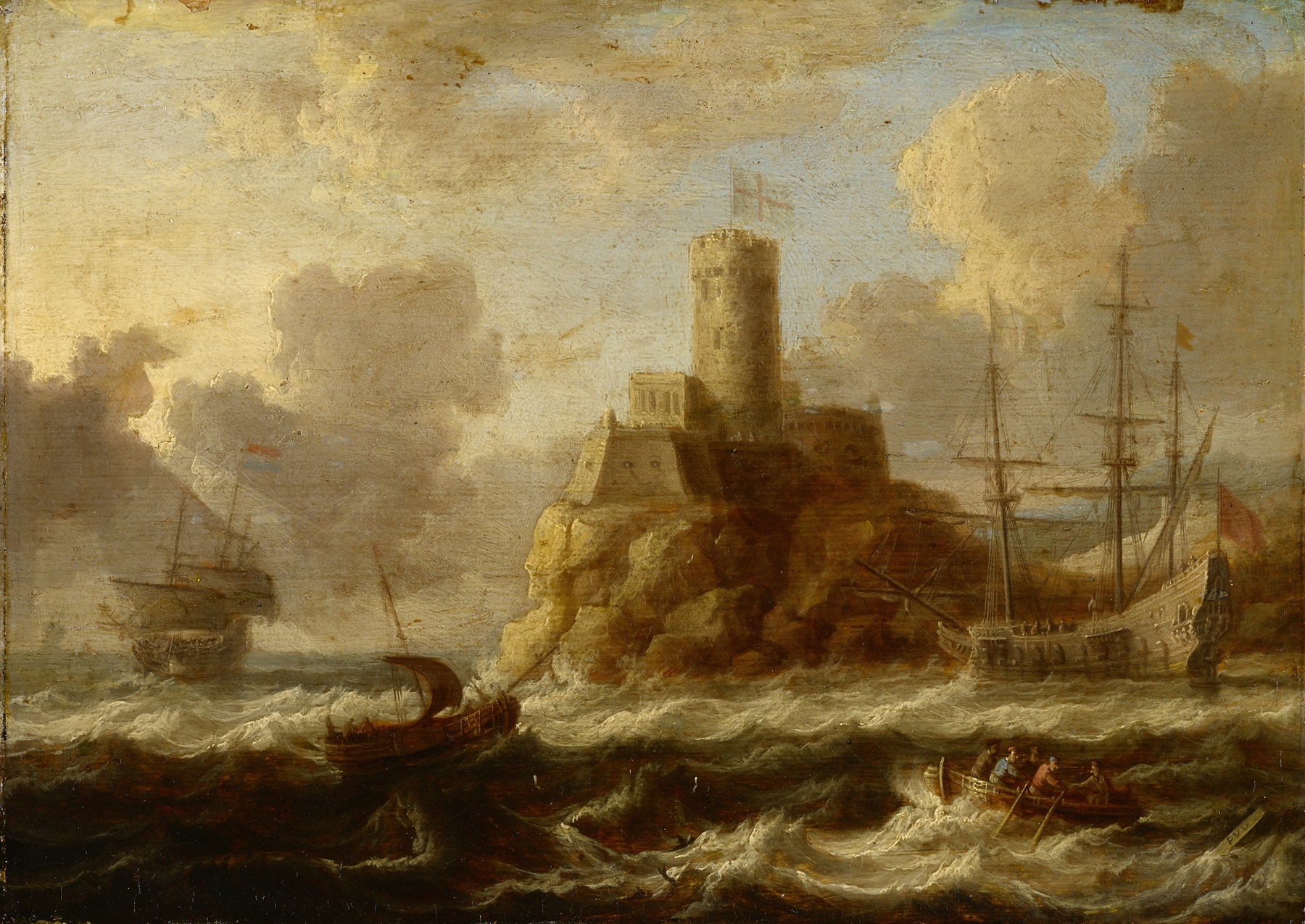 Coastal fortress with stormy sea, oil on canvas by Peter van de Velde