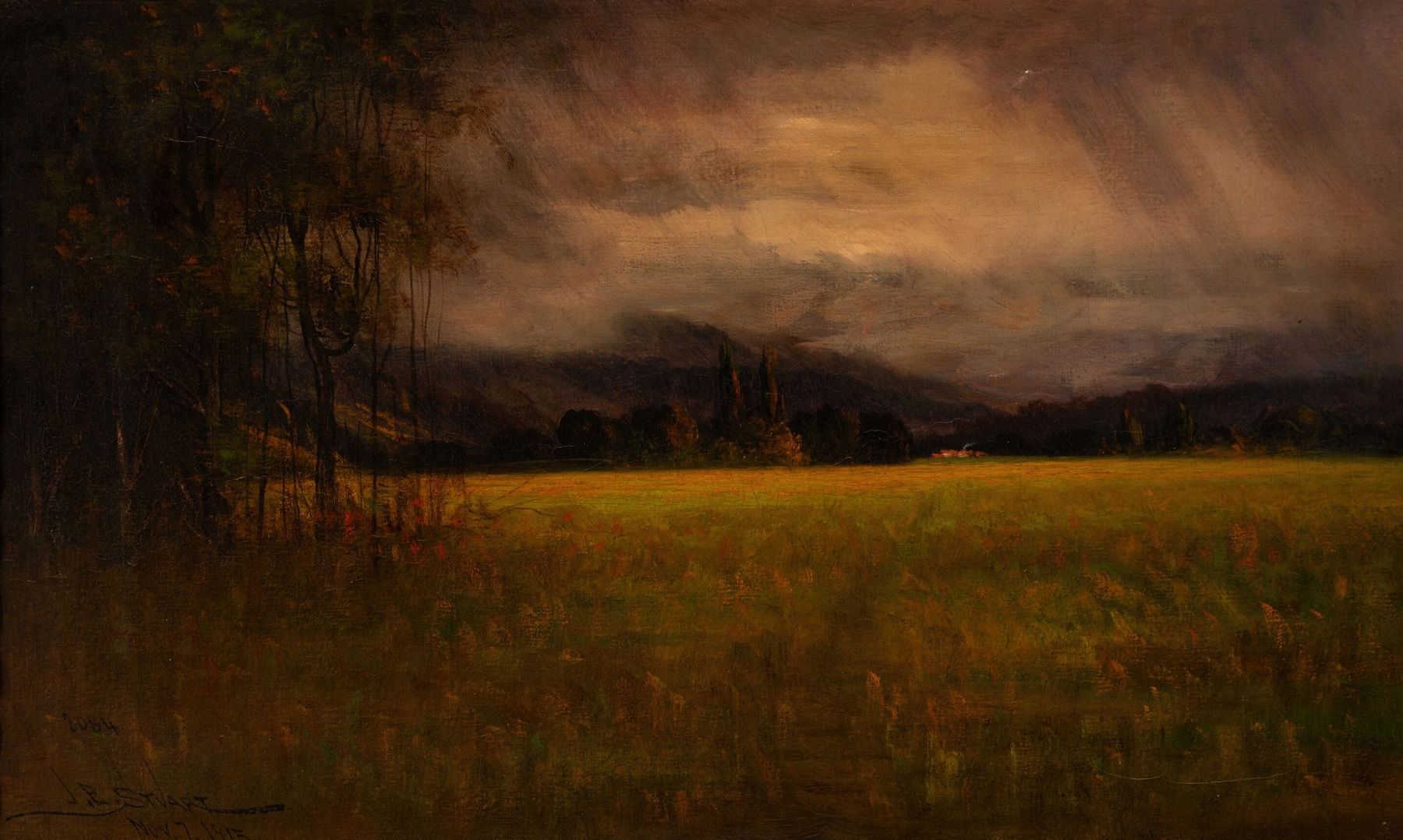 Landscape of rolling hills under muted clouds by James Everett Stuart, oil on canvas