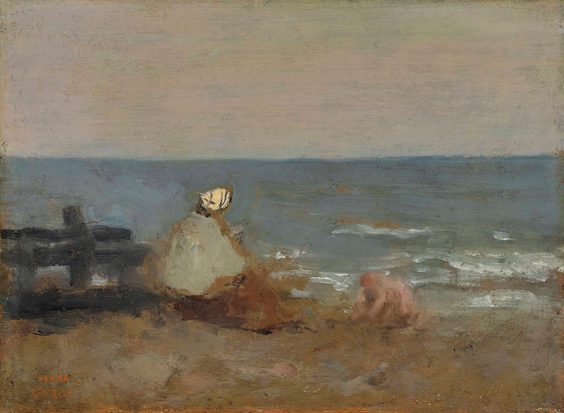 Femme et Enfant au Bord de la Mer, Étretat, by Jean-Baptiste-Camille Corot, public domain
