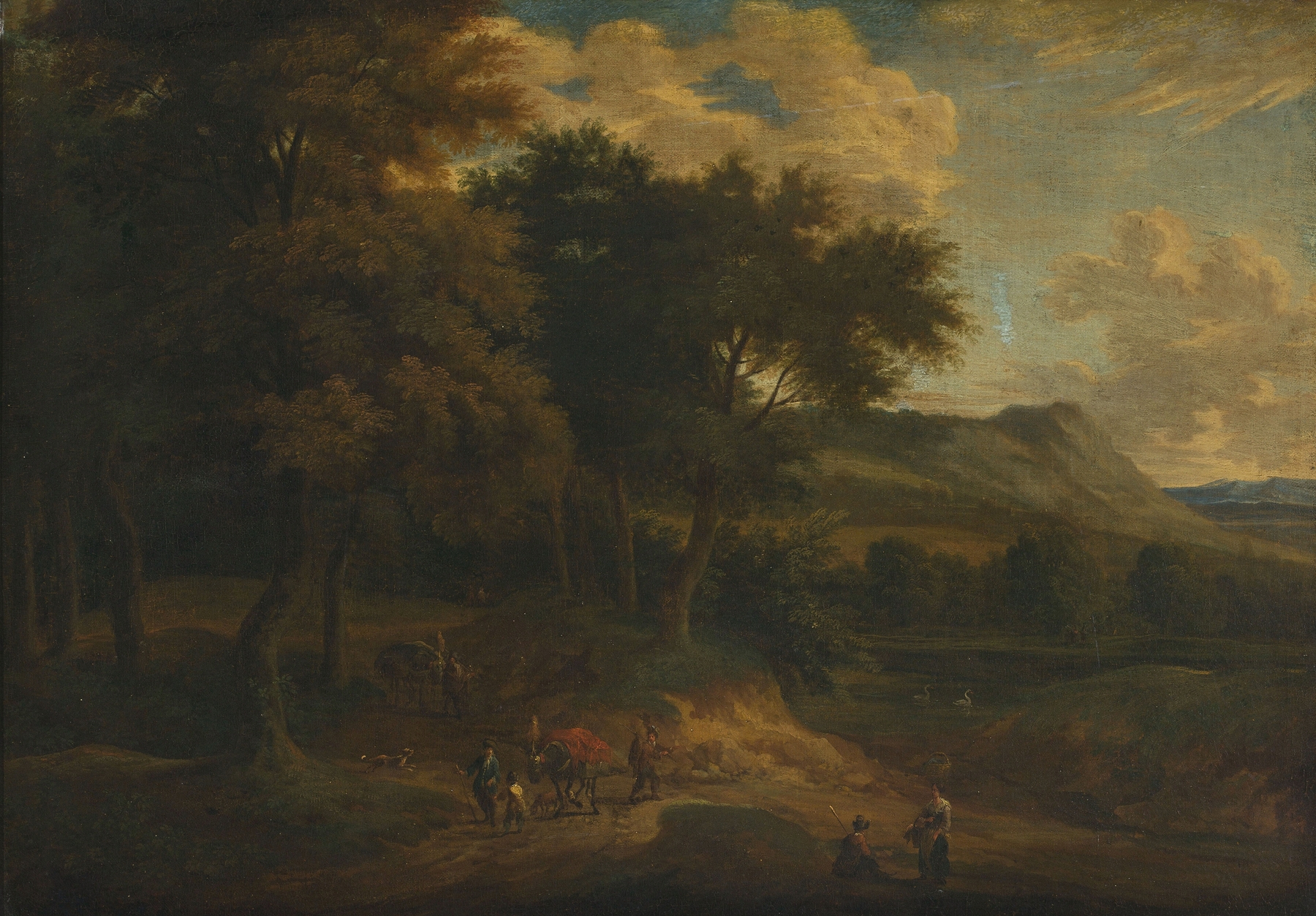 Landscape with staffage at sunset, by Jan Baptist Huysmans, public domain