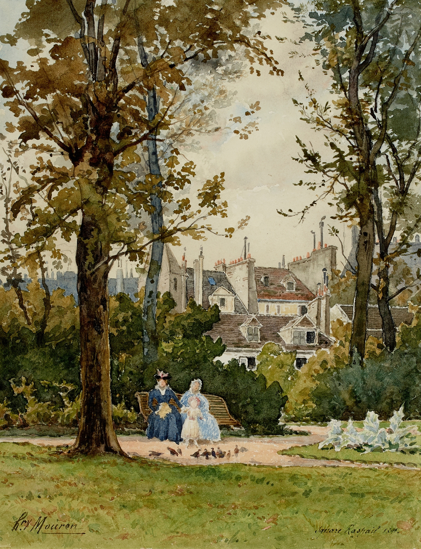 Square Raspail by Henri Laurent Mouren, oil on canvas depicting a landscape with trees and shadows.
