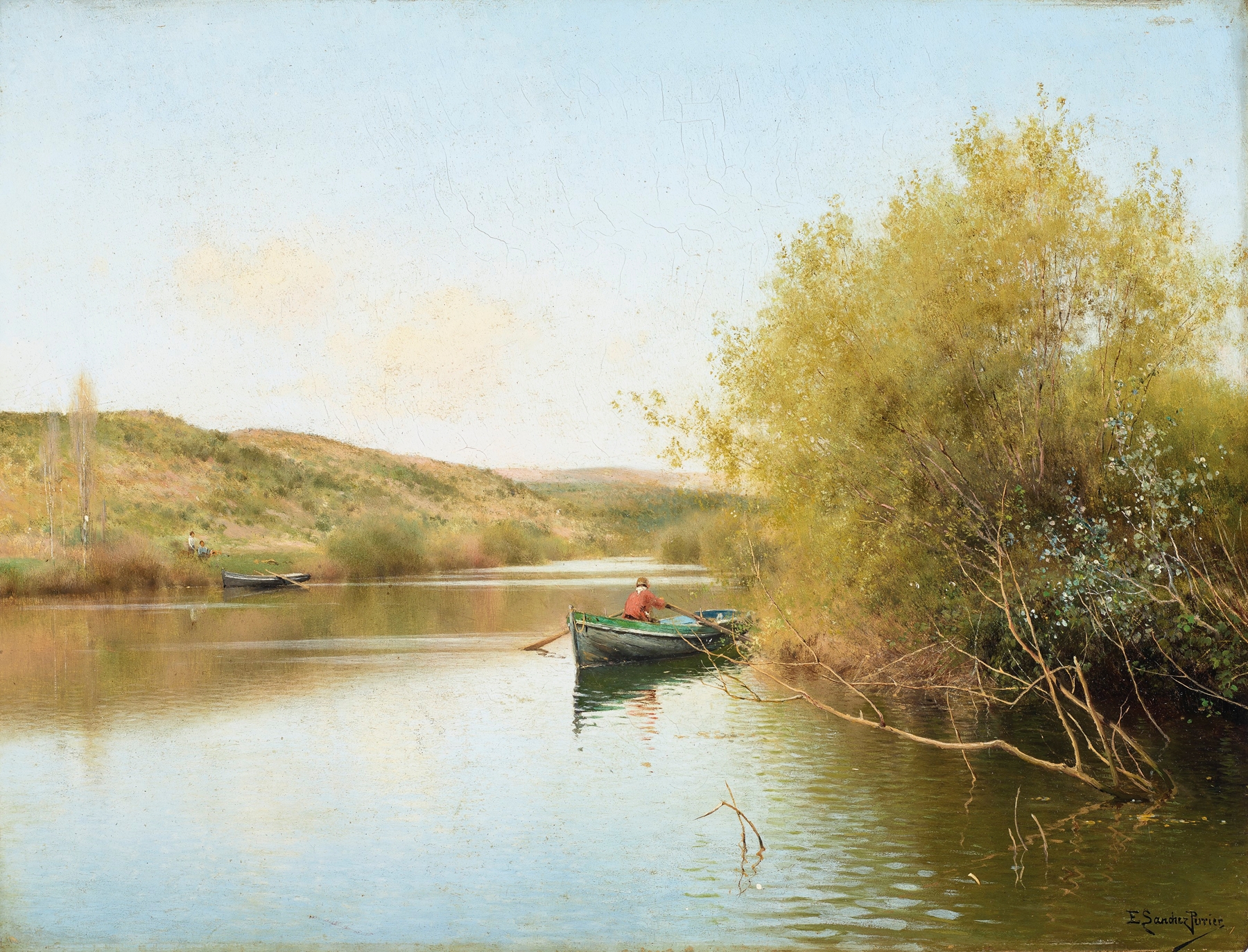 Oil on canvas by Emilio Sánchez-Perrier depicting a tranquil river landscape with trees and light.