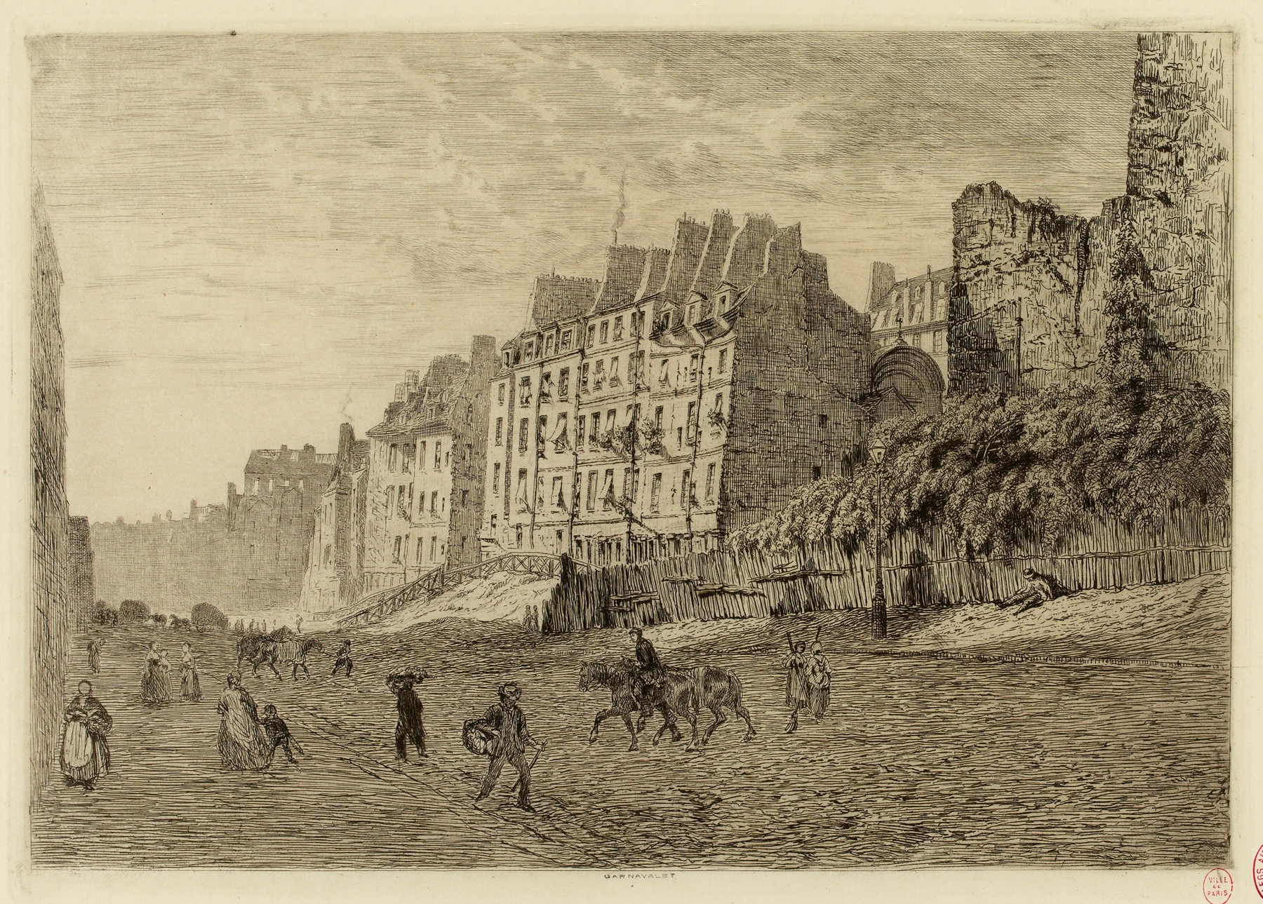 Genre scene of urban life in Rue Clos Bruneau et rue des Ecoles by Alfred Alexandre Delauney