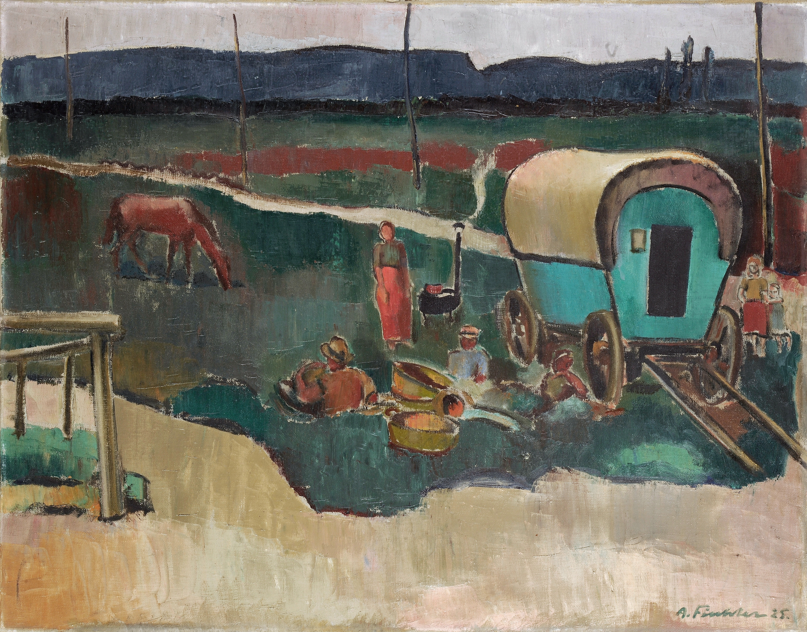 Gypsy Camp In Alsace by Arnold Fiechter, oil on canvas depicting a gathering around a fire.