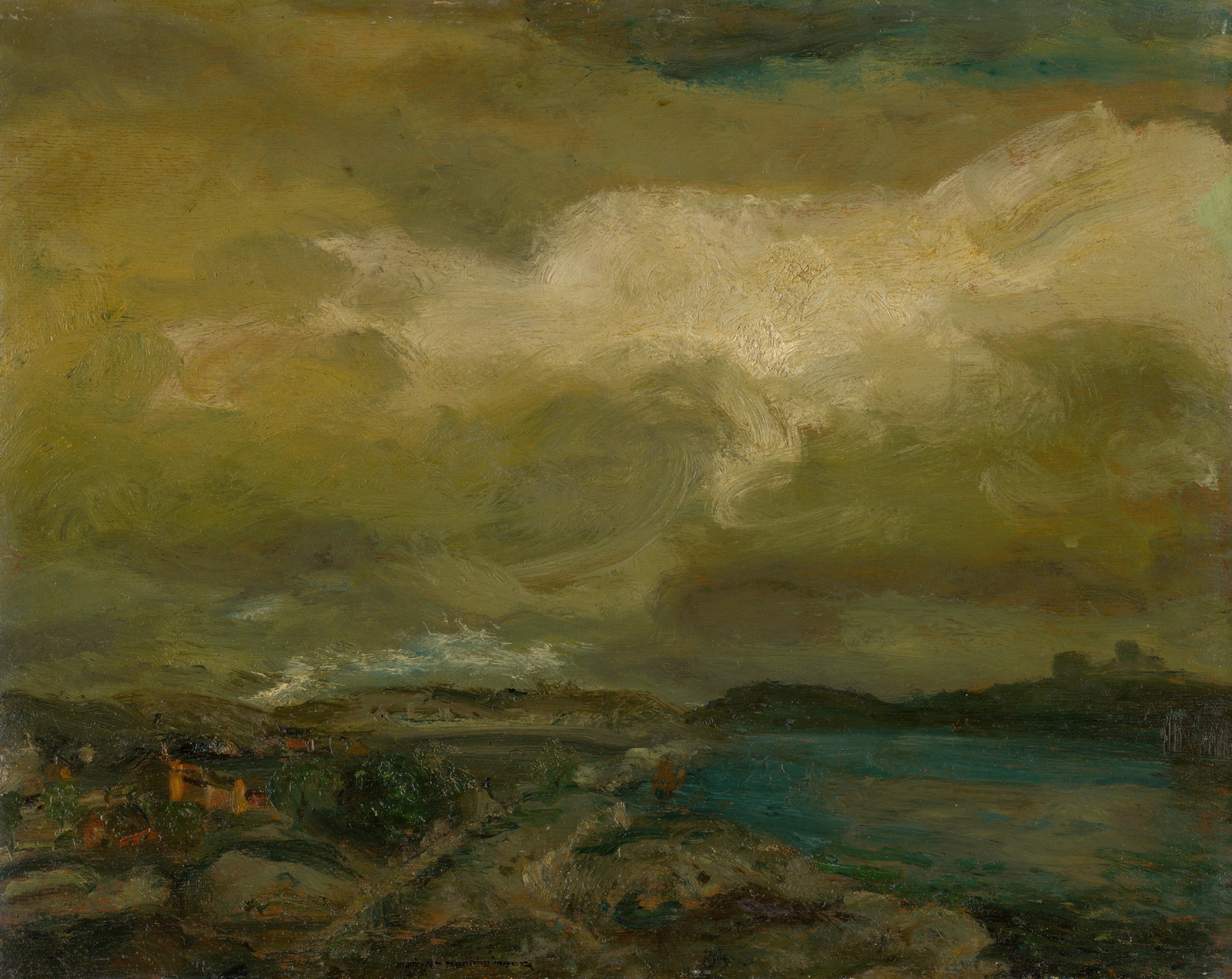 Landscape during Storm by Gusztáv Magyar Mannheimer, expressionism, depicting a stormy sky and earthy landscape