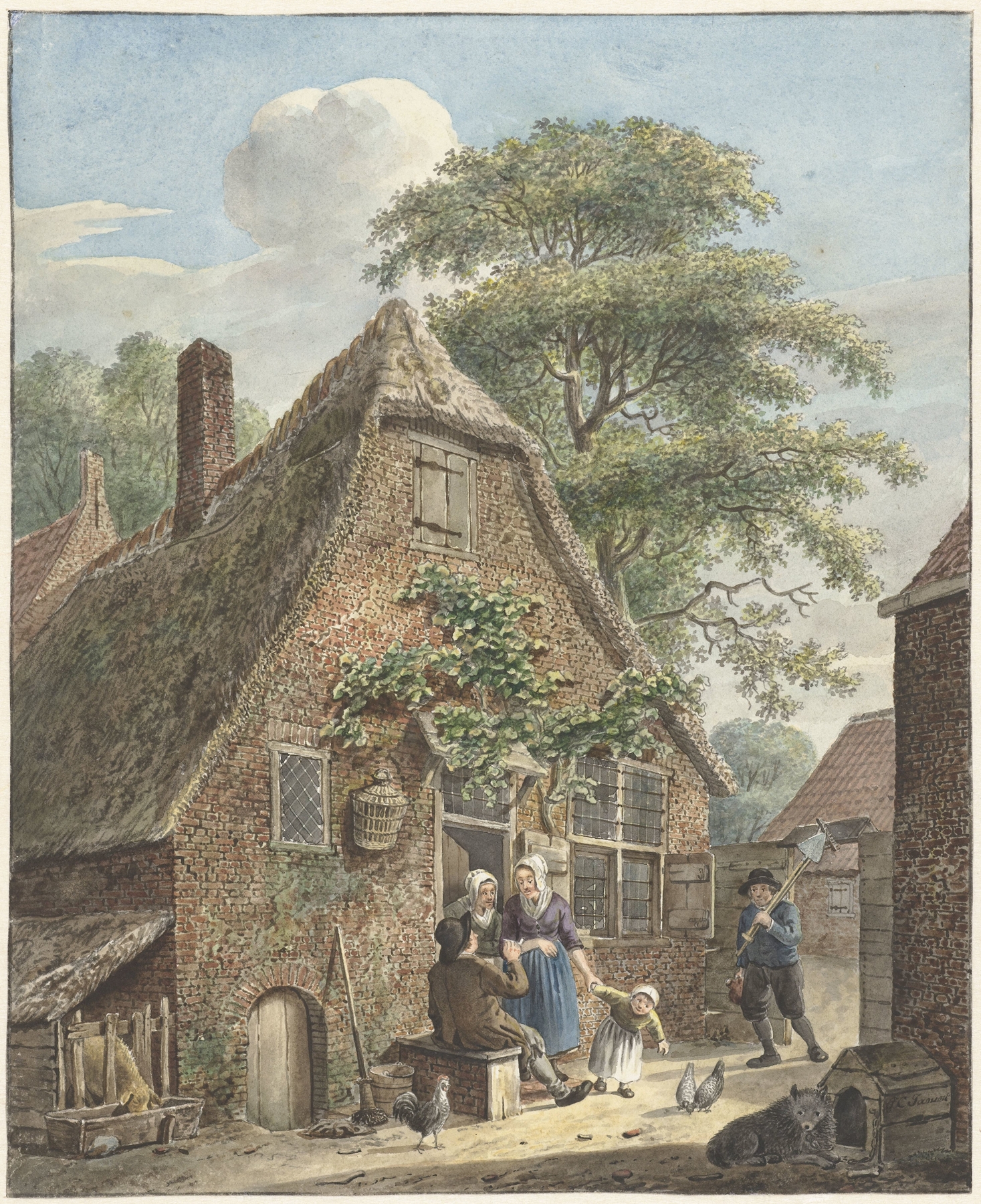 Gezin voor een boerenwoning by Johannes Christiaan Janson, depicting a family outside a farmhouse in an unknown medium.