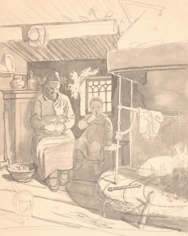A genre scene depicting a Swedish farmhouse with an old woman and child.