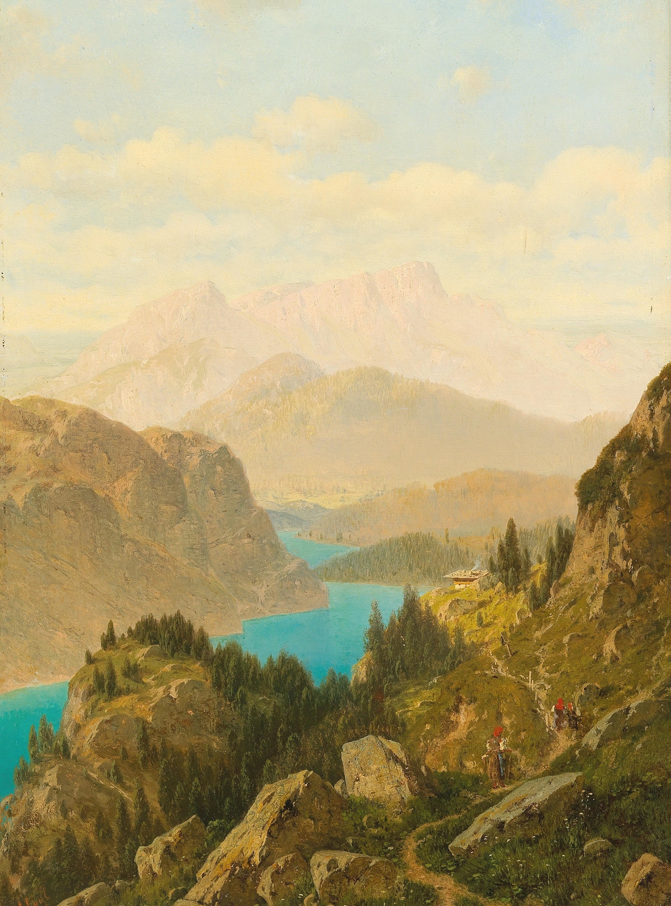 Oil painting by Josef von Schlögl depicting the Königssee and Untersberg.