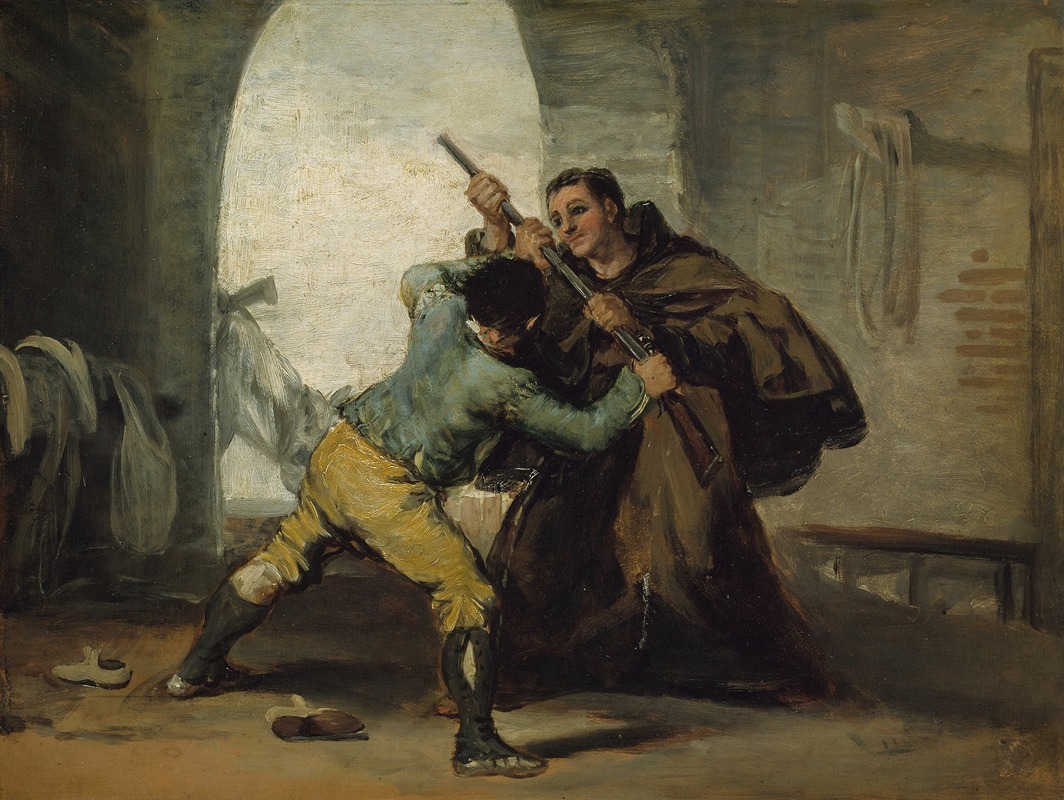 Friar Pedro wrests a gun from El Maragato, oil on panel by Francisco de Goya