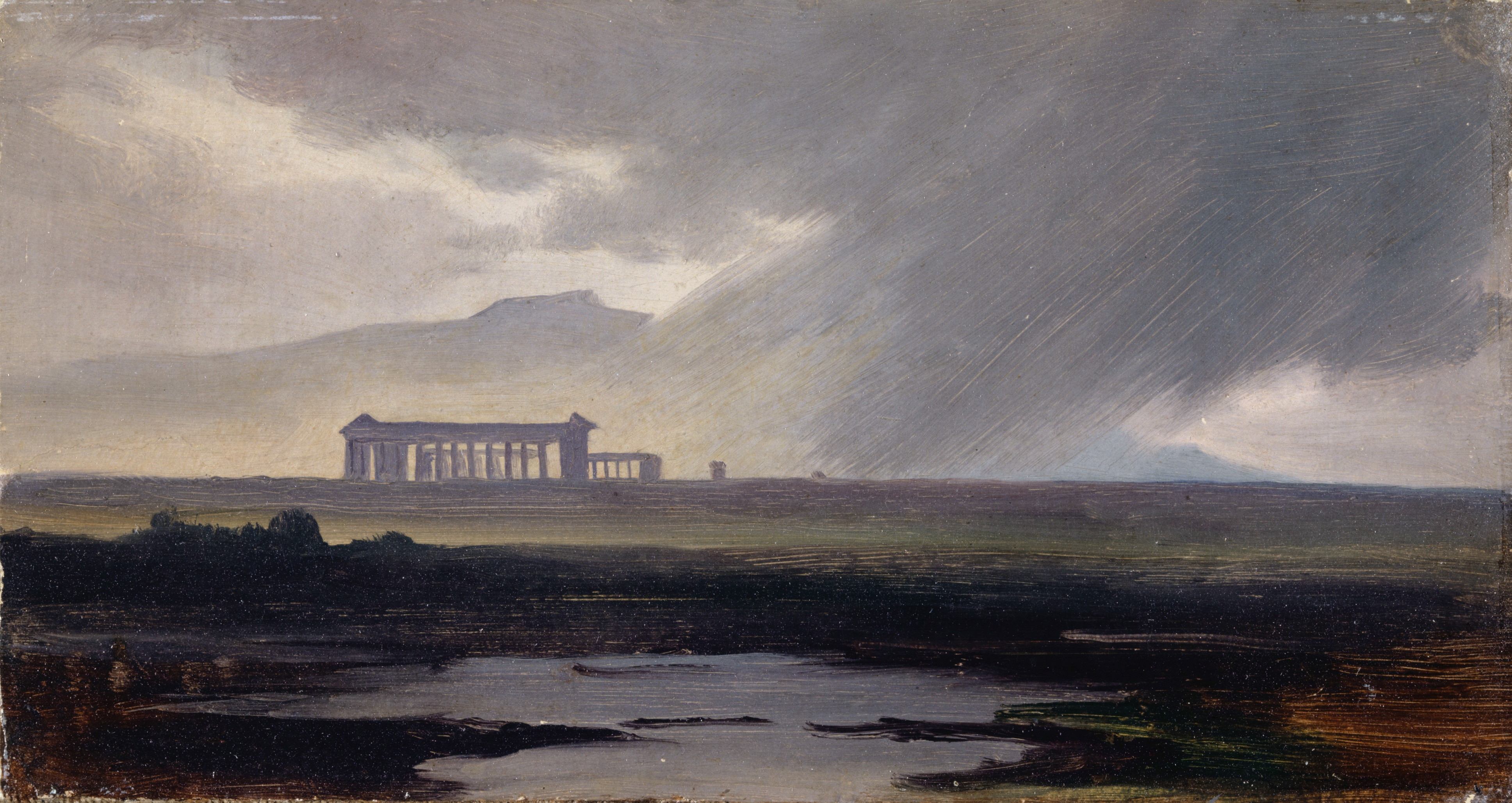 The Temples At Paestum In The Rain by Johann Jakob Frey, oil painting depicting ancient temples in the rain.