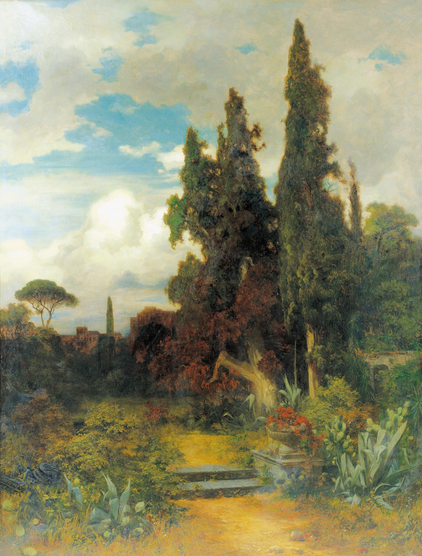 Südländische Parklandschaft by Carl Eduard Onken, oil on canvas depicting serene hills and nature.