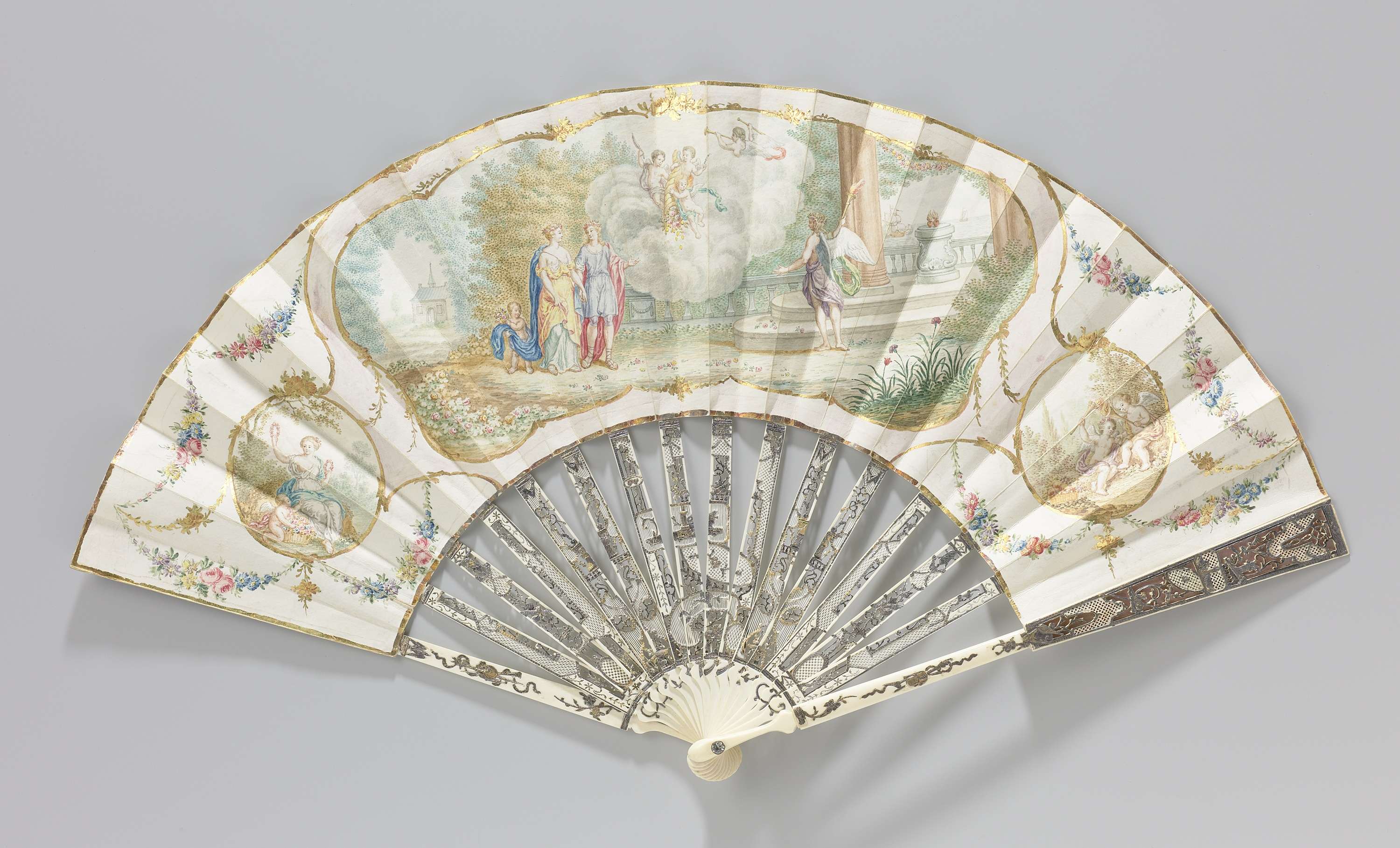 Watercolour scene of a wedding celebration on a fan by Unknown Artist