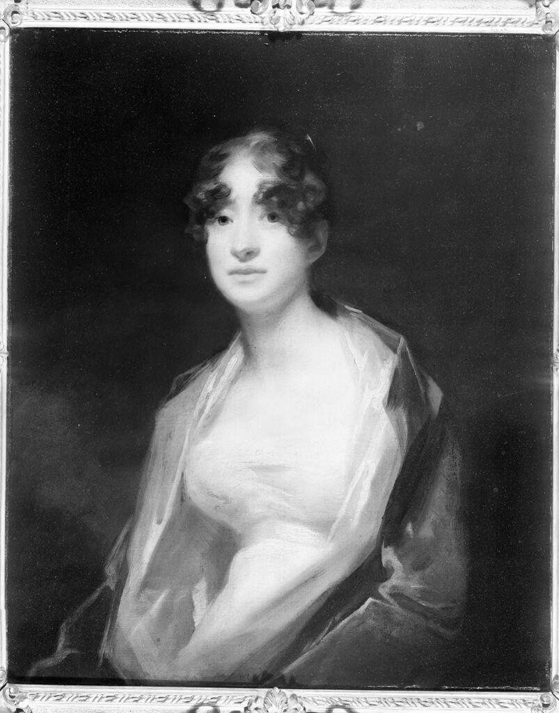 Portrait of a lady in oil on canvas by Henry Raeburn, showcasing her expressive gaze and detailed fabric.