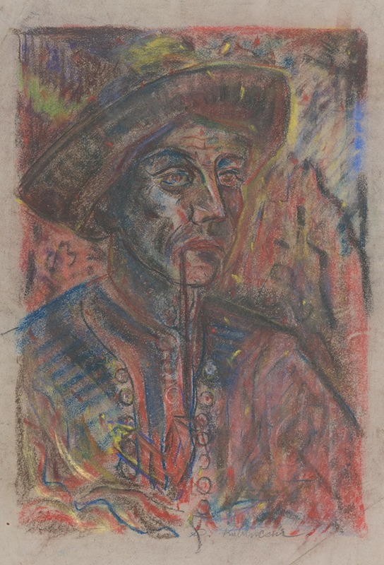A farmer depicted with a pipe in a rural setting.