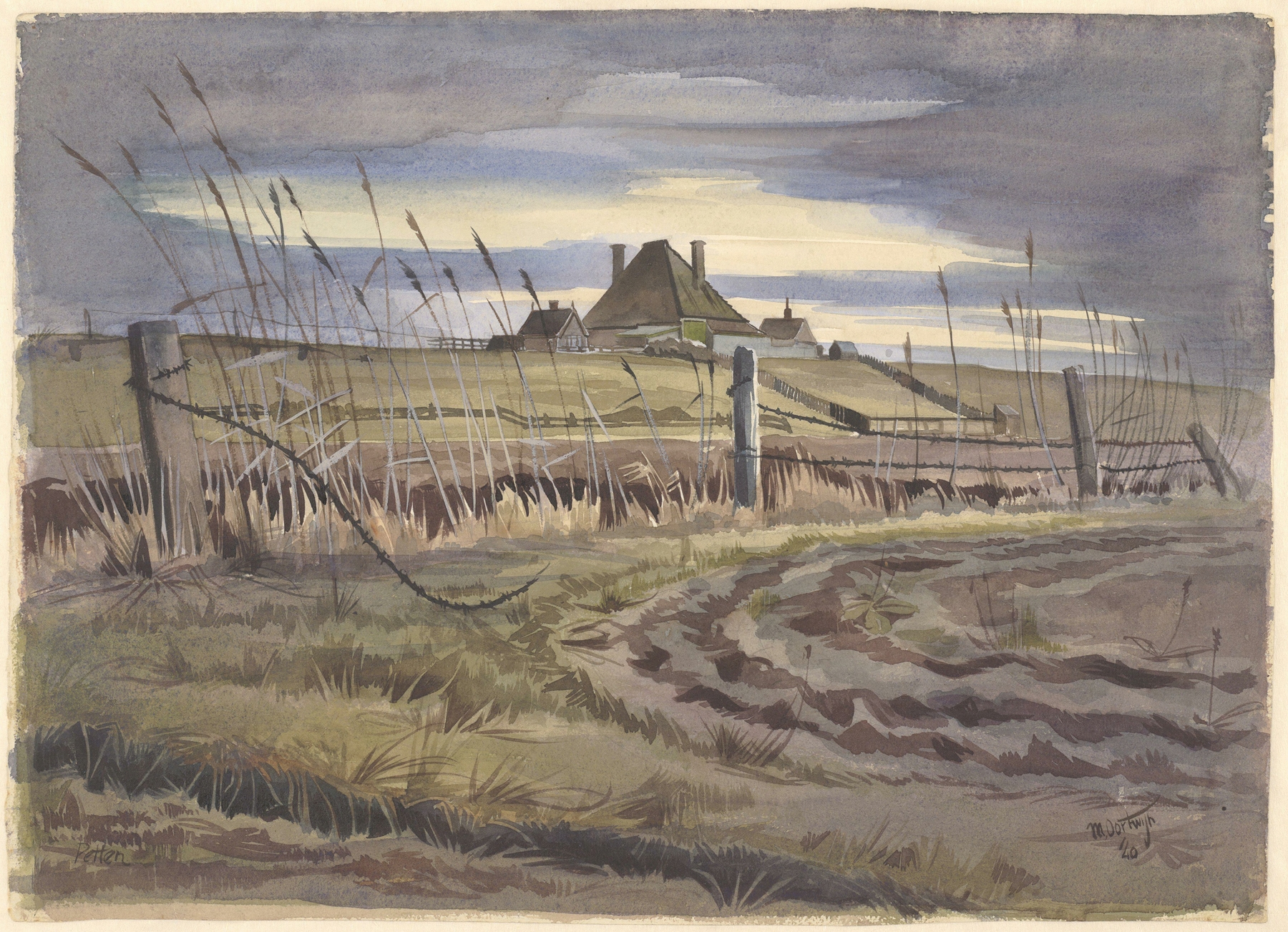 Landscape oil painting by Maarten Oortwijn depicting a farm and horizon