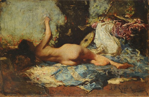 A captivating depiction of an odalisque by Mariano Fortuny Marsal.