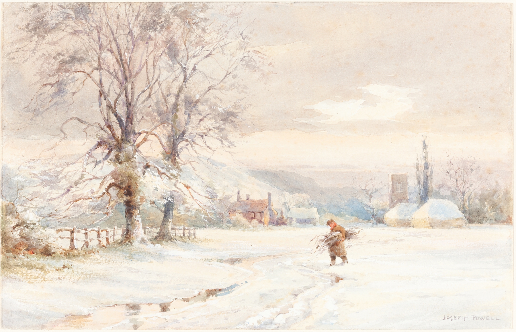 Winter landscape by Joseph Rubens Powell, oil painting depicting snow-covered terrain.