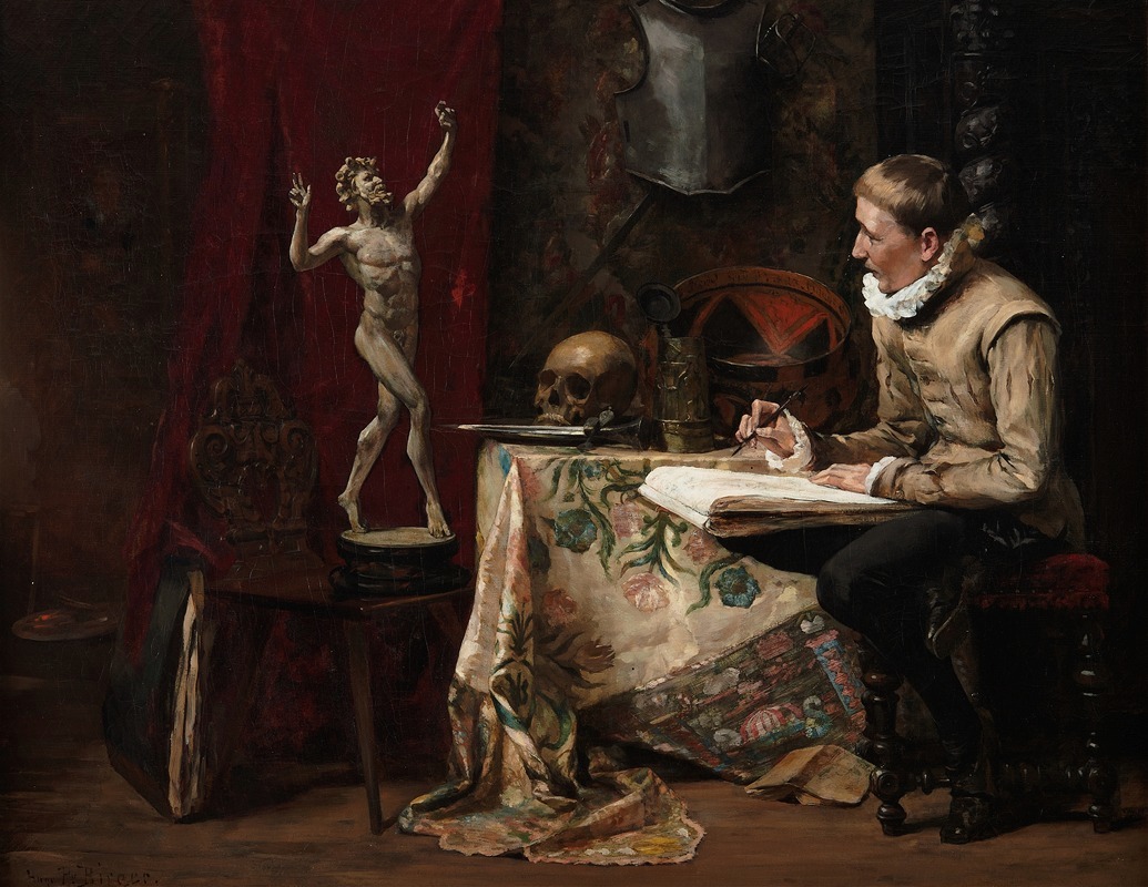A depiction of an artist's studio featuring a self-portrait.