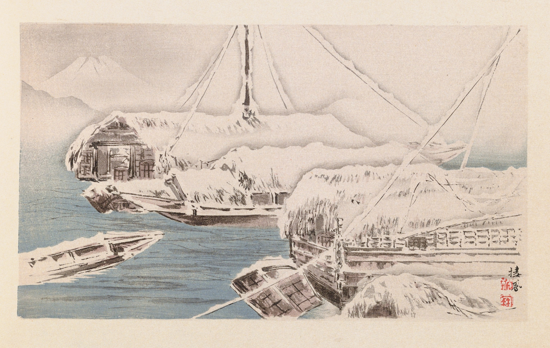 Ukiyo-e by Takeuchi Seihō depicting Mount Fuji with pastel sky