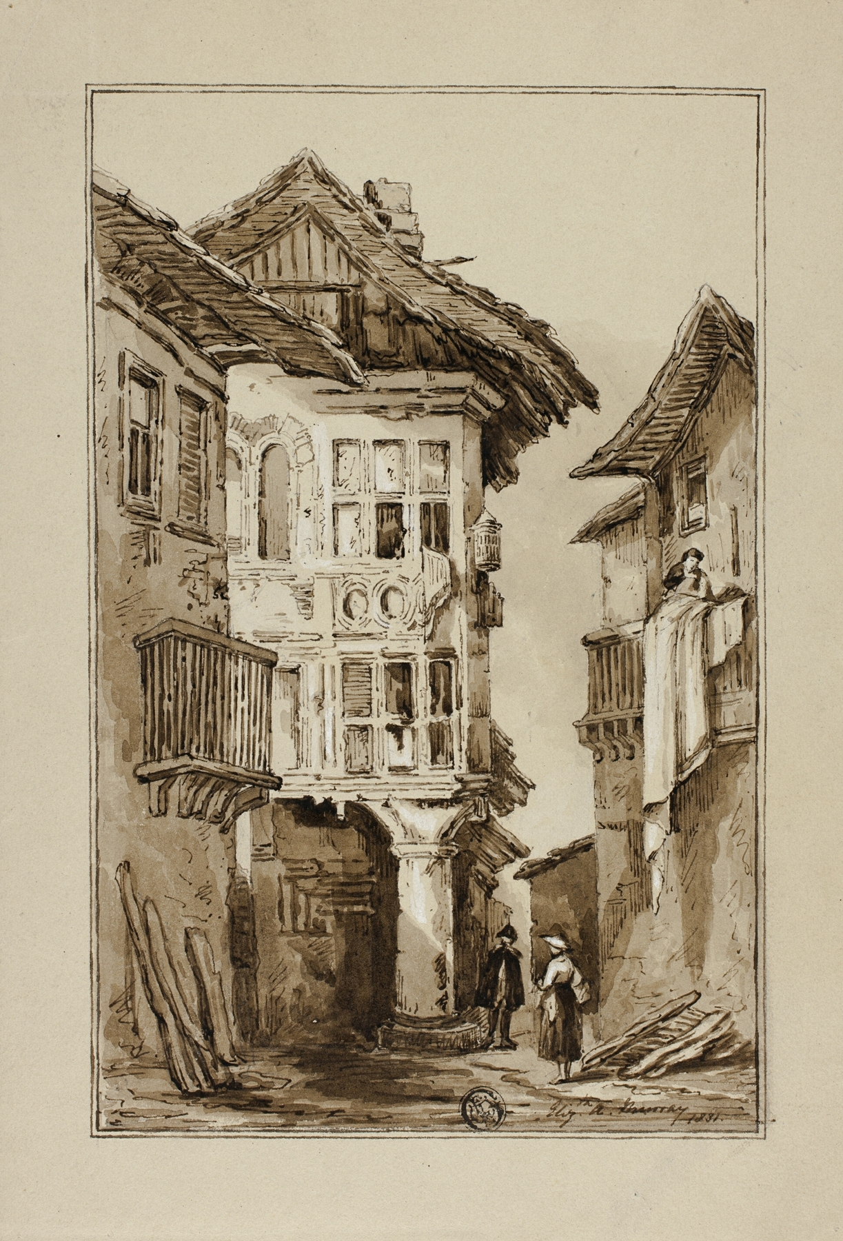 Rustic Street Scene by Elizabeth Murray, oil painting depicting figures on a cobblestone street illuminated by sunlight.