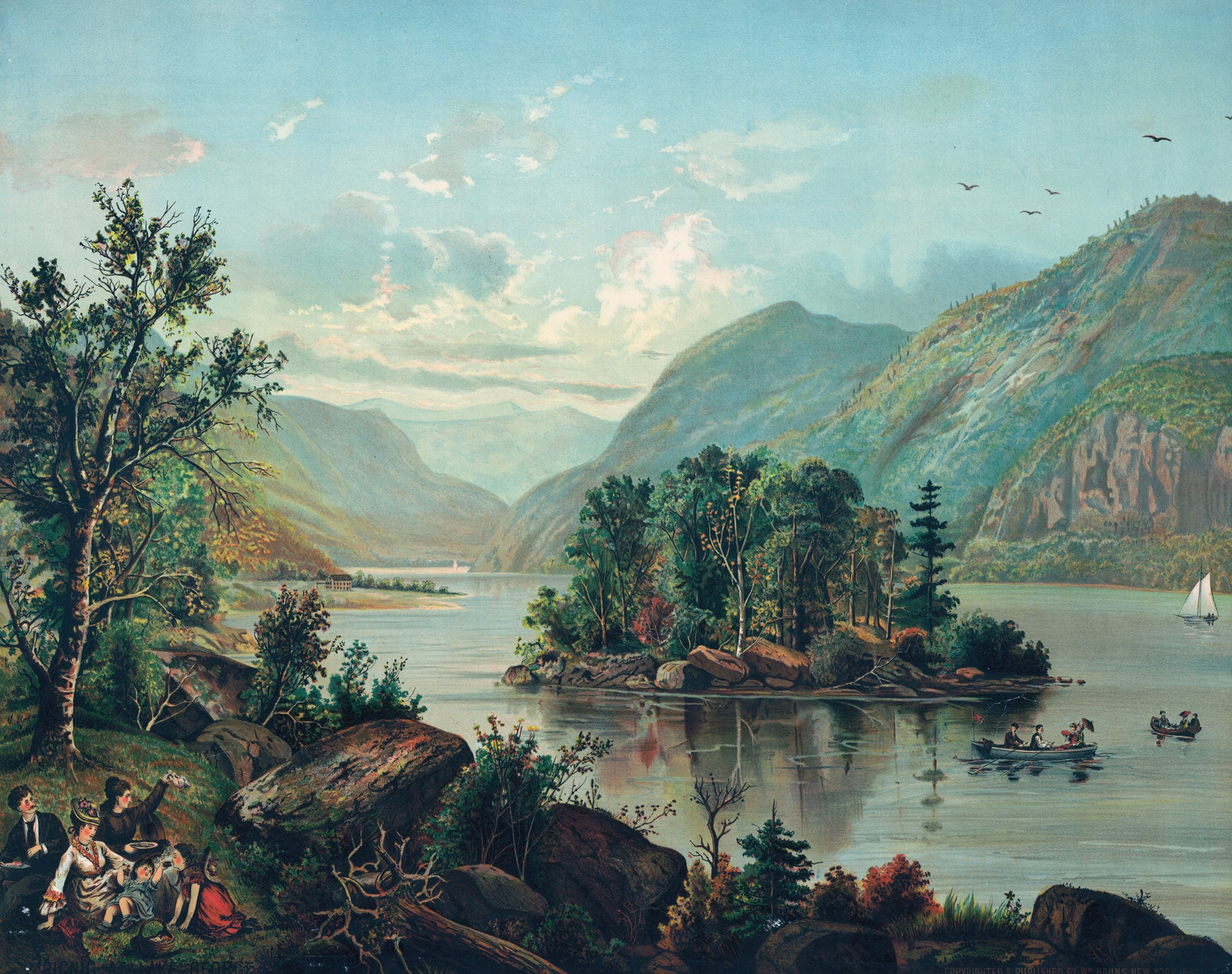 Genre scene depicting a lakeside picnic with sunlight, by Unknown Artist, oil painting