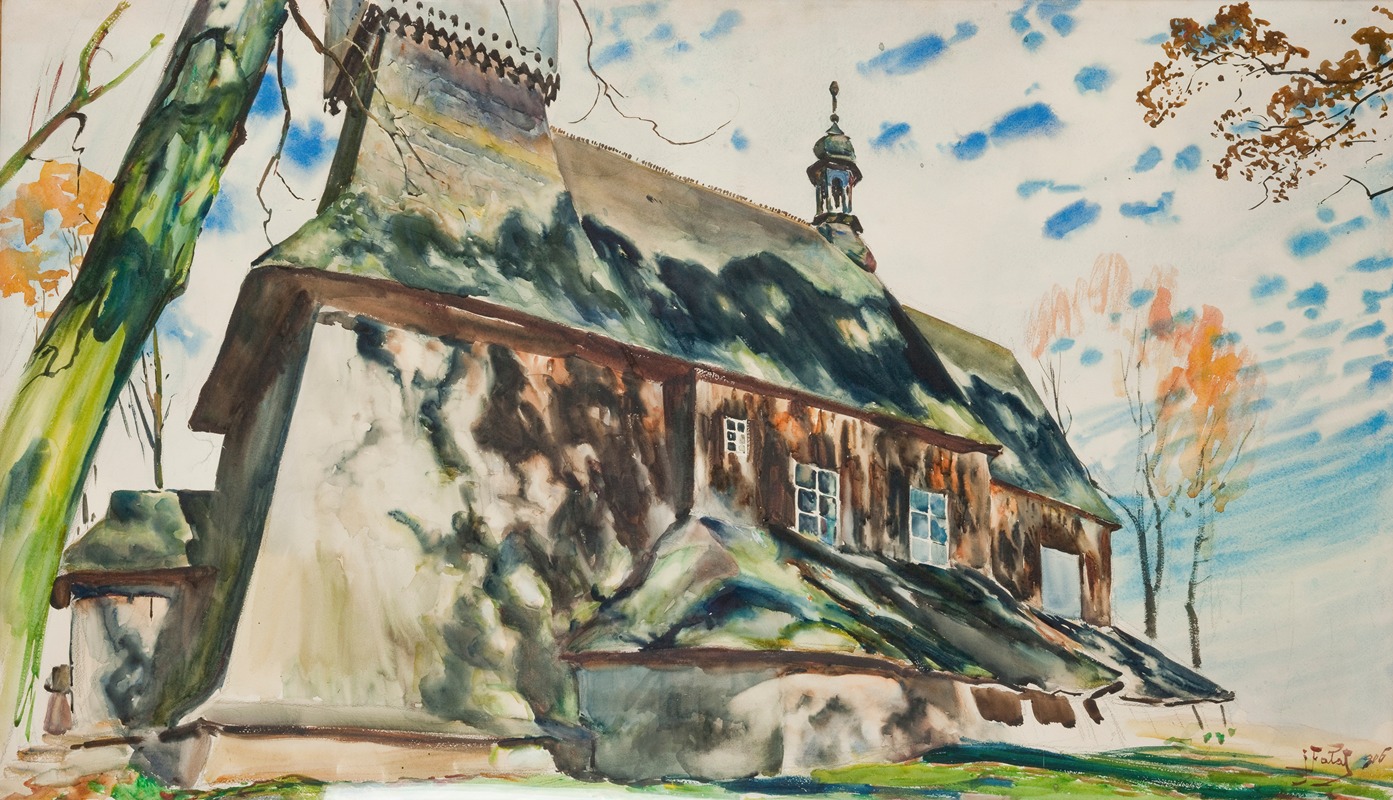 A painting depicting a church in a serene landscape.