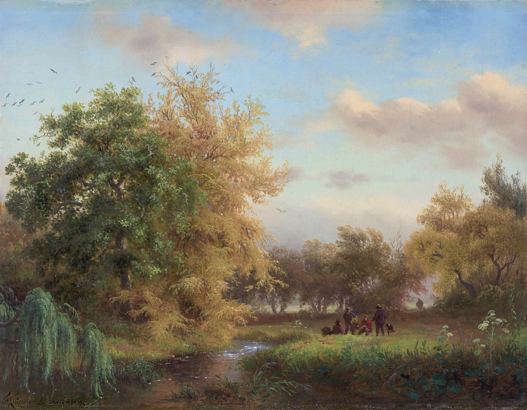 Landscape oil painting by Frederik Marinus Kruseman depicting golden fields under a fading sky.