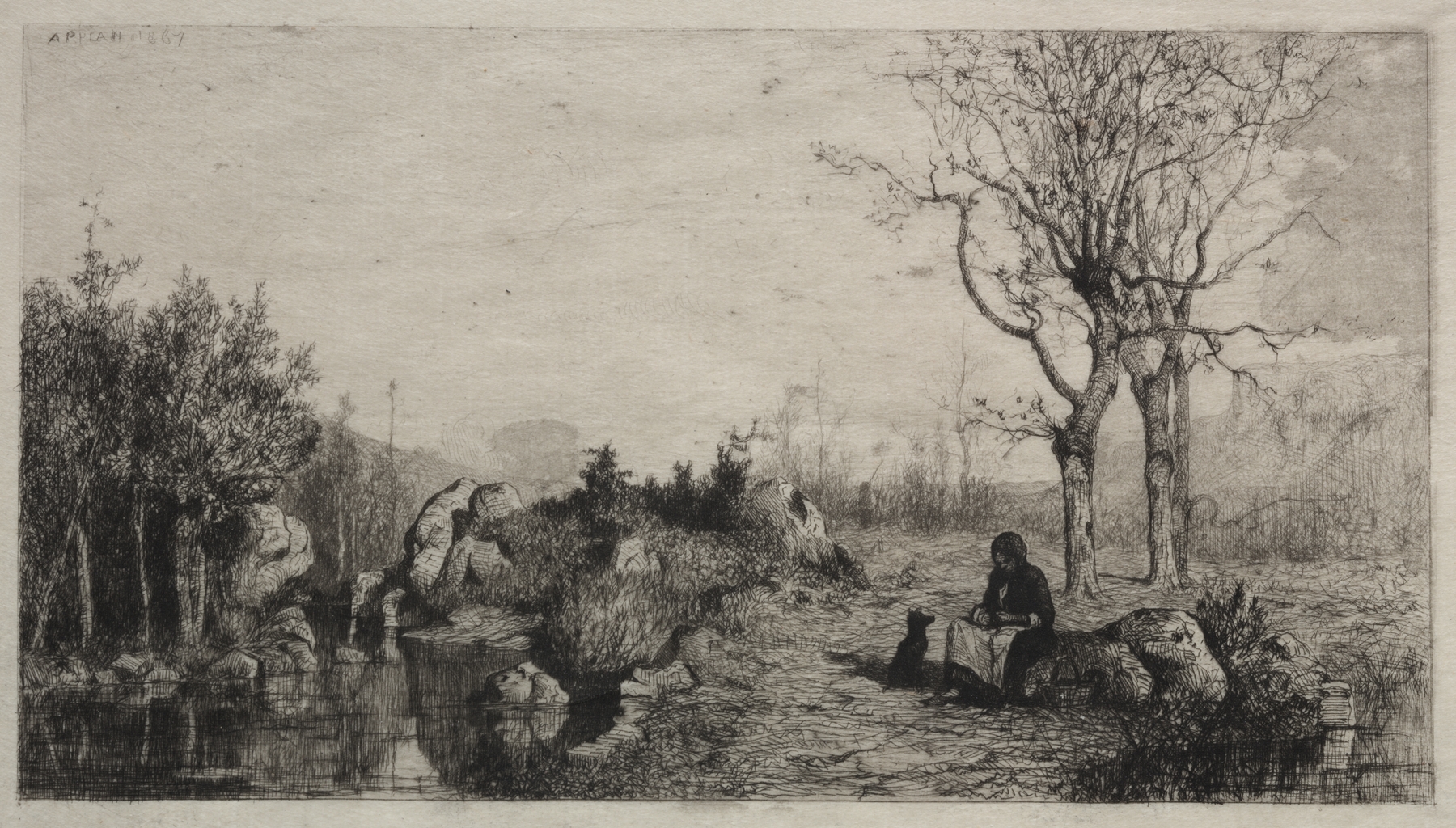Shore of a Stream at Rossillon, oil on canvas by Adolphe Appian, depicting a tranquil stream at dusk.