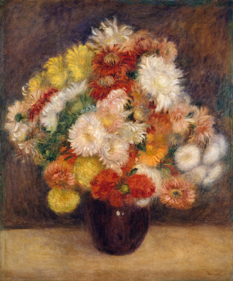 Chrysanthemums oil painting by Pierre-Auguste Renoir featuring vibrant flowers